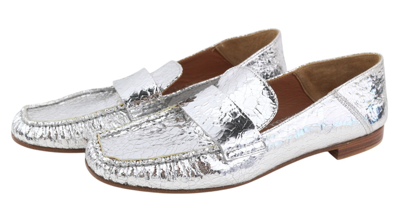 EMPORIO ARMANI Women Flats EU37 Shiny Silver Leather Textured Square Toe Loafer