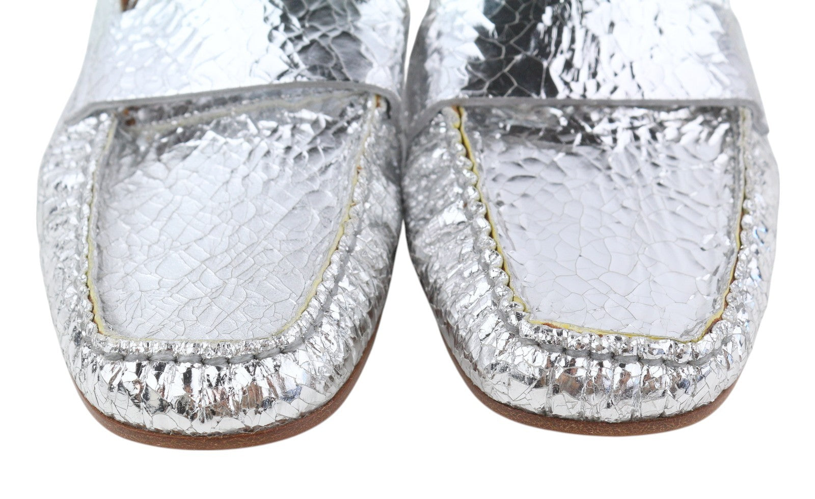 EMPORIO ARMANI Women Flats EU37 Shiny Silver Leather Textured Square Toe Loafer