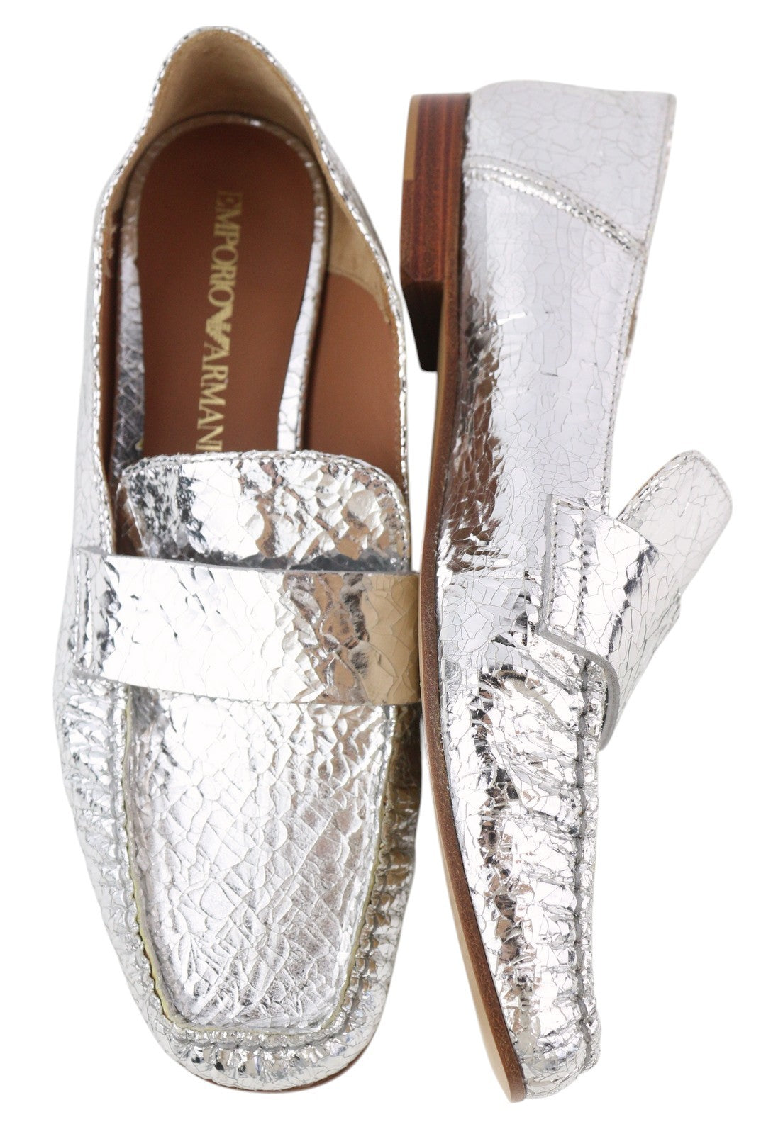 EMPORIO ARMANI Women Flats EU37 Shiny Silver Leather Textured Square Toe Loafer