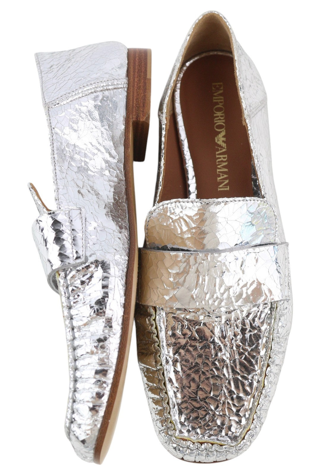 EMPORIO ARMANI Women Flats EU37 Shiny Silver Leather Textured Square Toe Loafer
