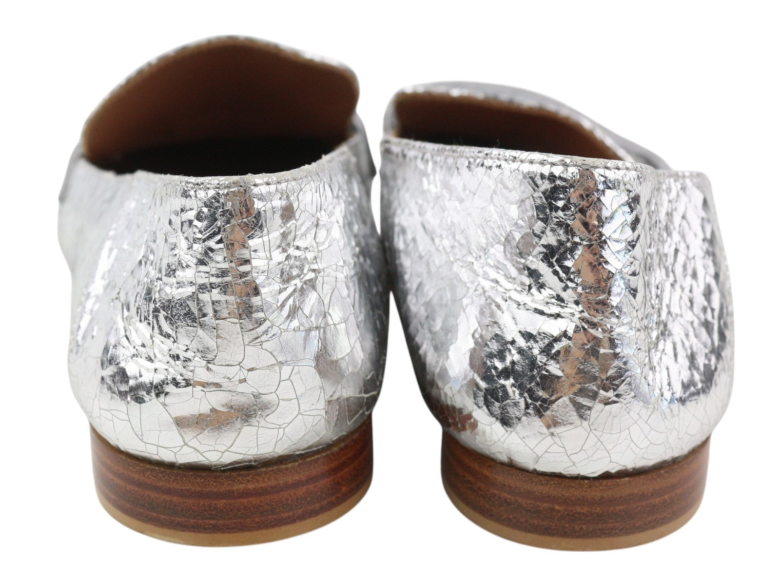 EMPORIO ARMANI Women Flats EU37 Shiny Silver Leather Textured Square Toe Loafer