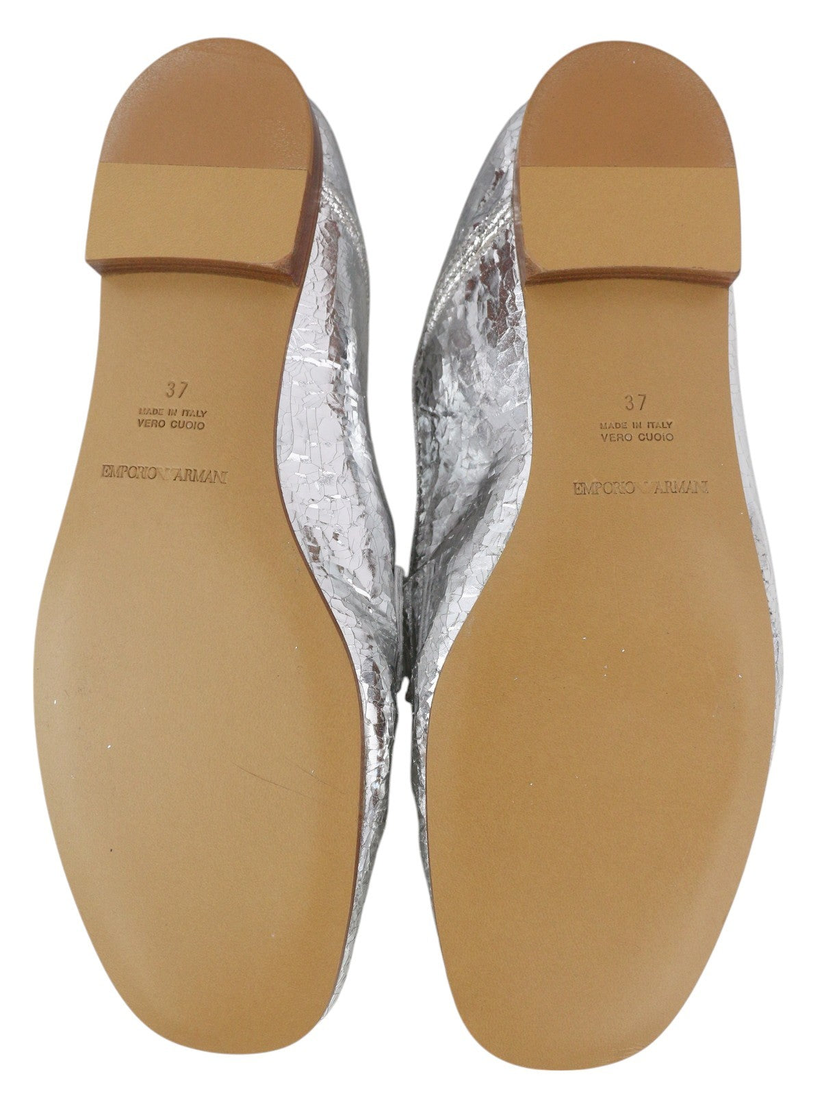 EMPORIO ARMANI Women Flats EU37 Shiny Silver Leather Textured Square Toe Loafer