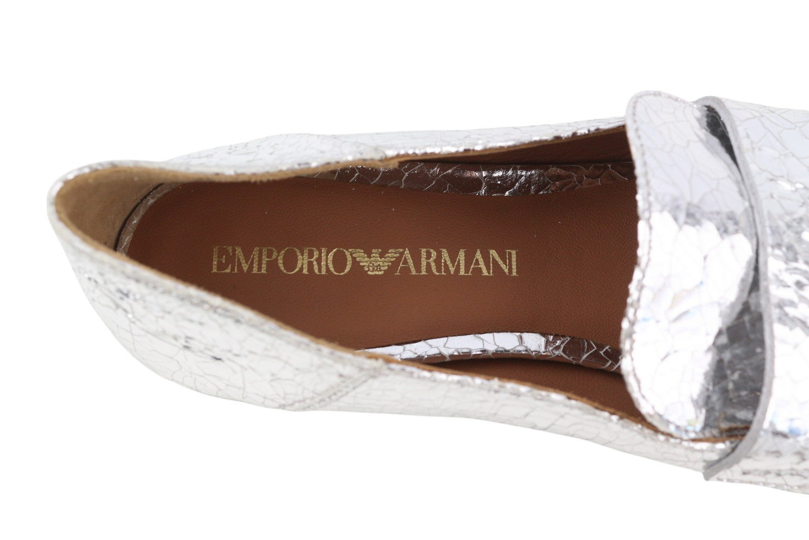 EMPORIO ARMANI Women Flats EU37 Shiny Silver Leather Textured Square Toe Loafer