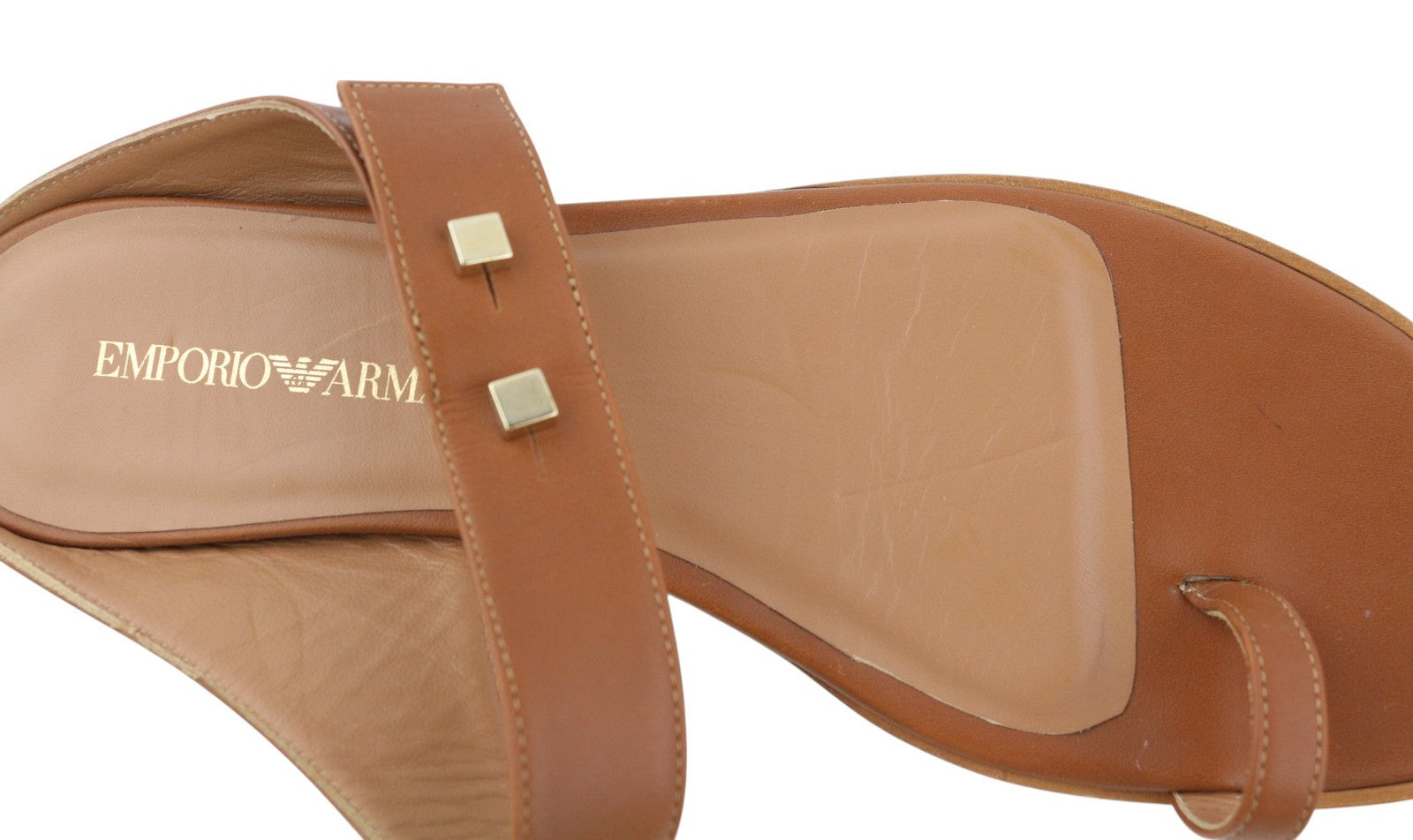 EMPORIO ARMANI X3Q070 Women Flats EU37 Brown Leather Sandals Gold Tone Details