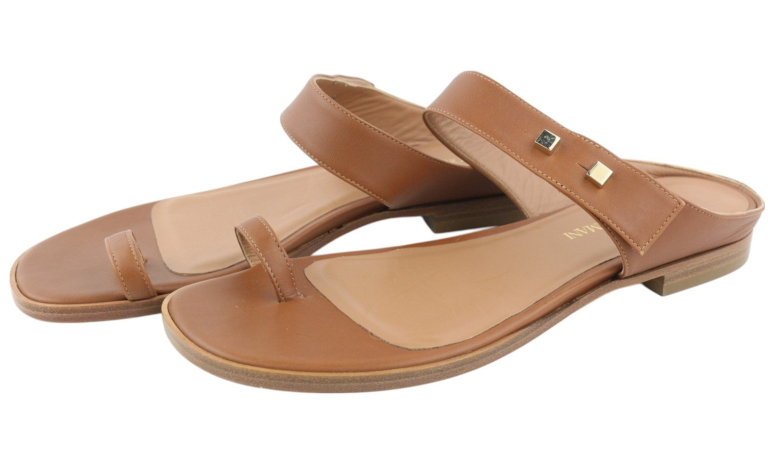 EMPORIO ARMANI X3Q070 Women Flats EU37 Brown Leather Sandals Gold Tone Details