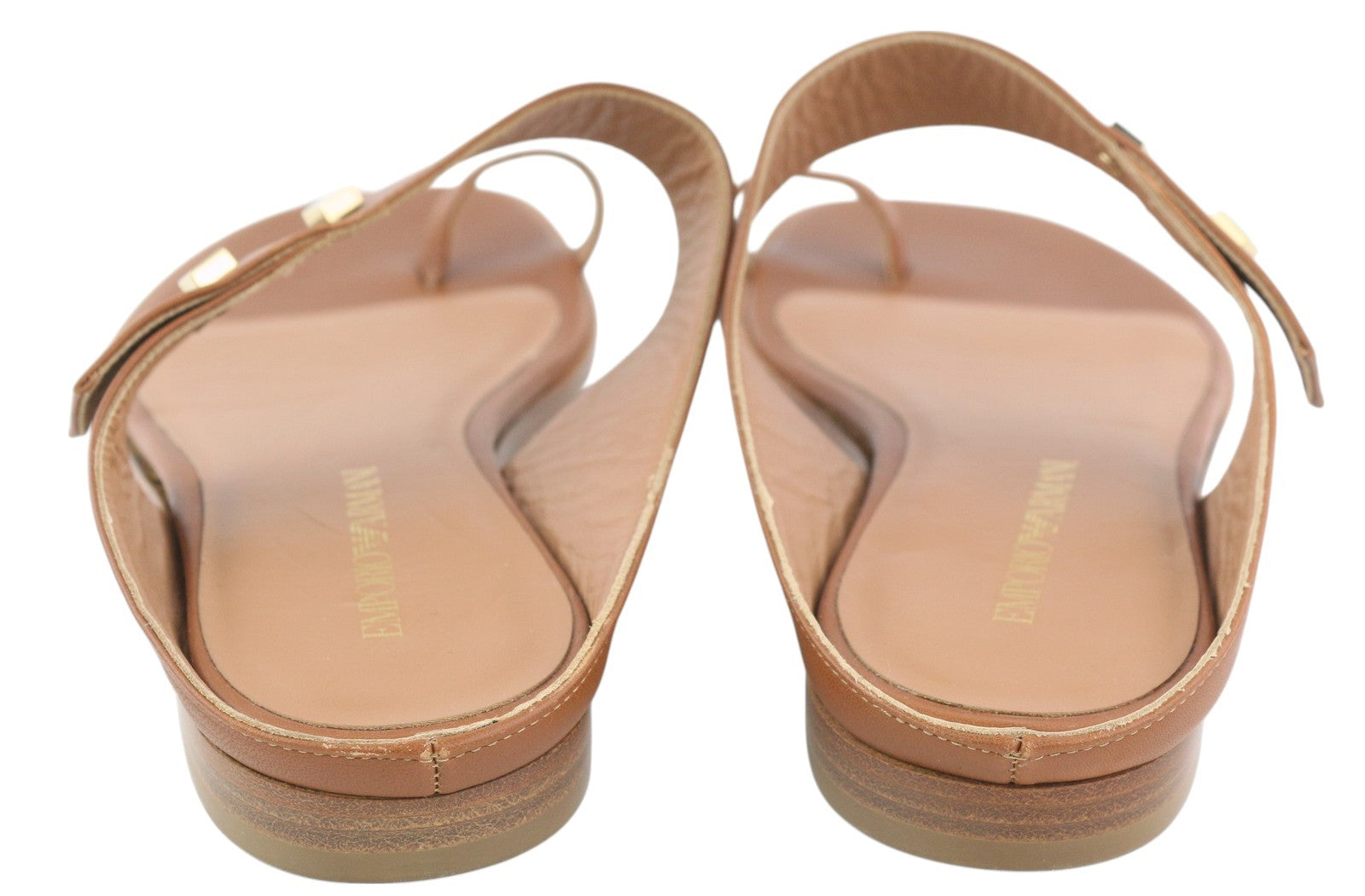 EMPORIO ARMANI X3Q070 Women Flats EU37 Brown Leather Sandals Gold Tone Details