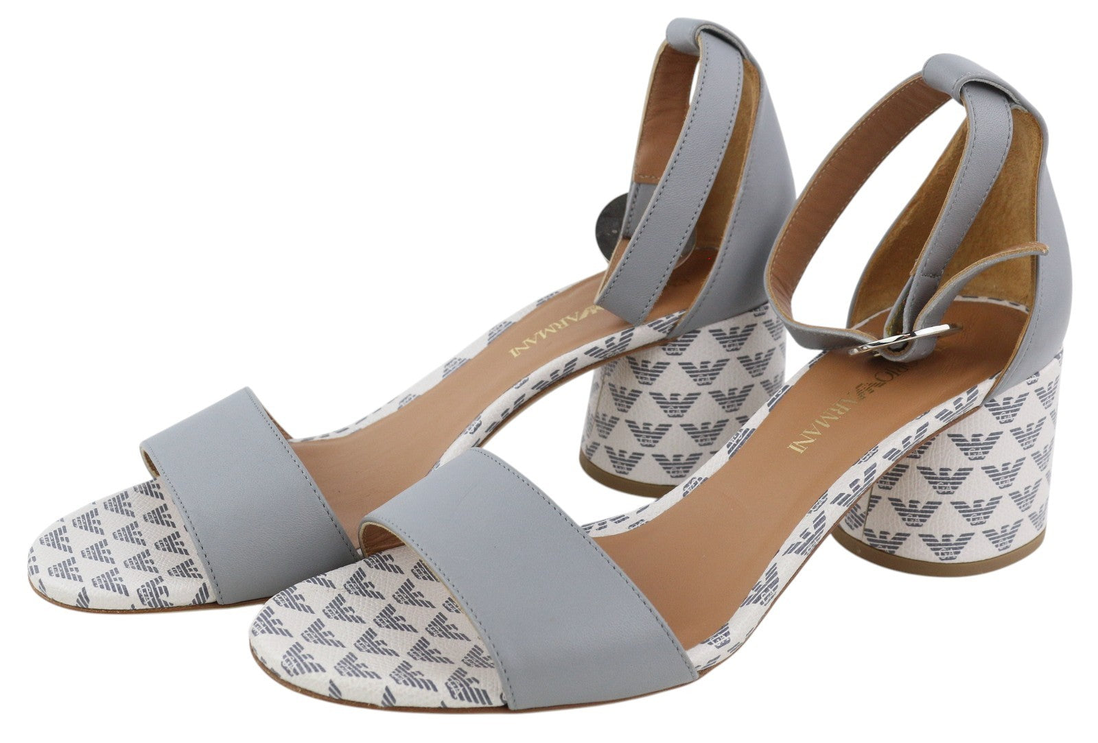 EMPORIO ARMANI X3P708 Women Heels EU37 Grey Leather Logo Print Sandals RRP€199