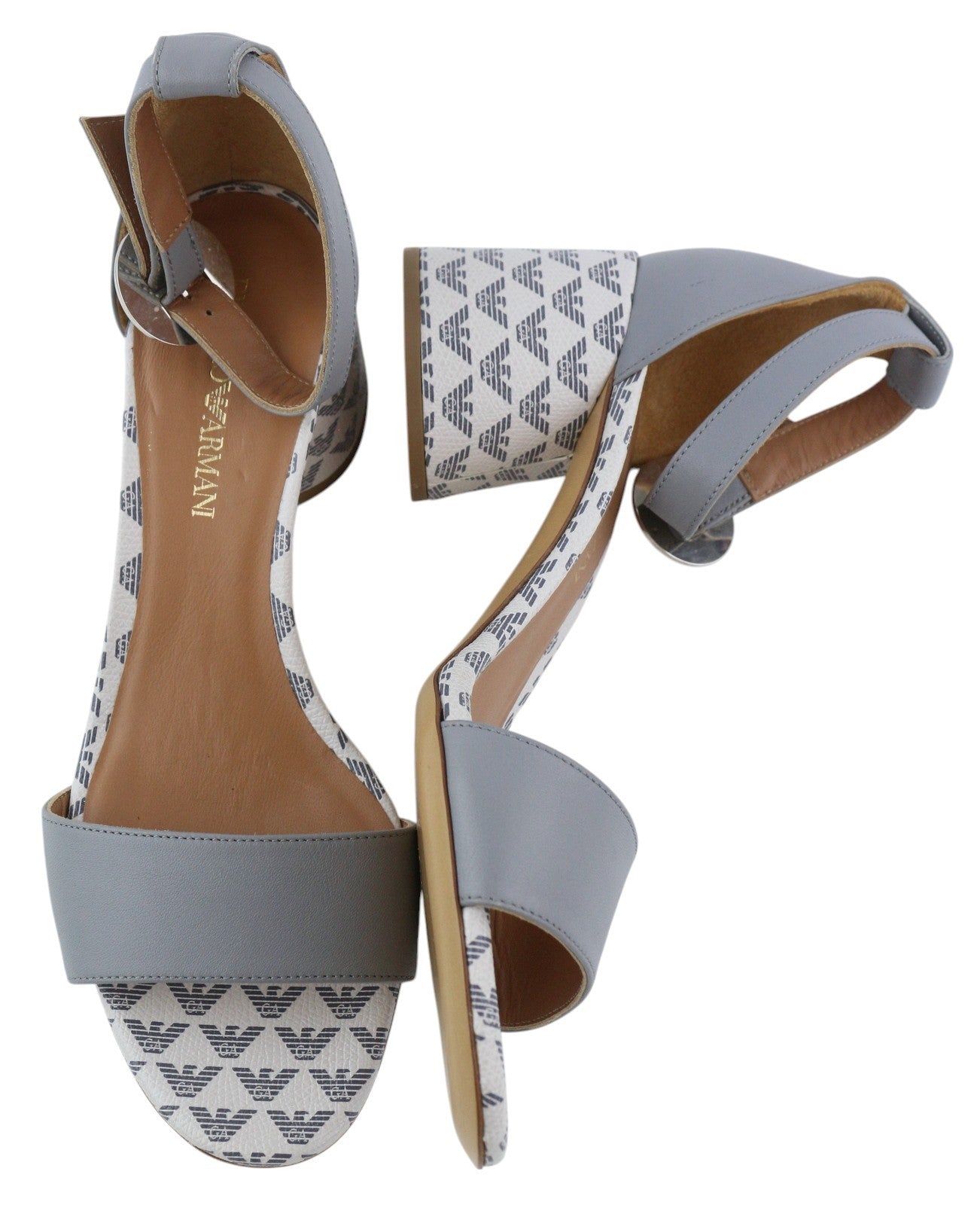 EMPORIO ARMANI X3P708 Women Heels EU37 Grey Leather Logo Print Sandals RRP€199