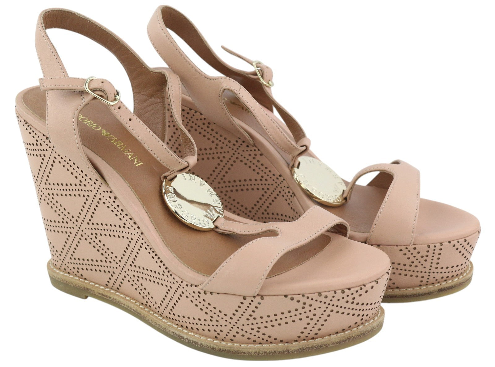 EMPORIO ARMANI X3U067 Women Sandals EU37 Light Pink Leather Wedge Heels RRP€219