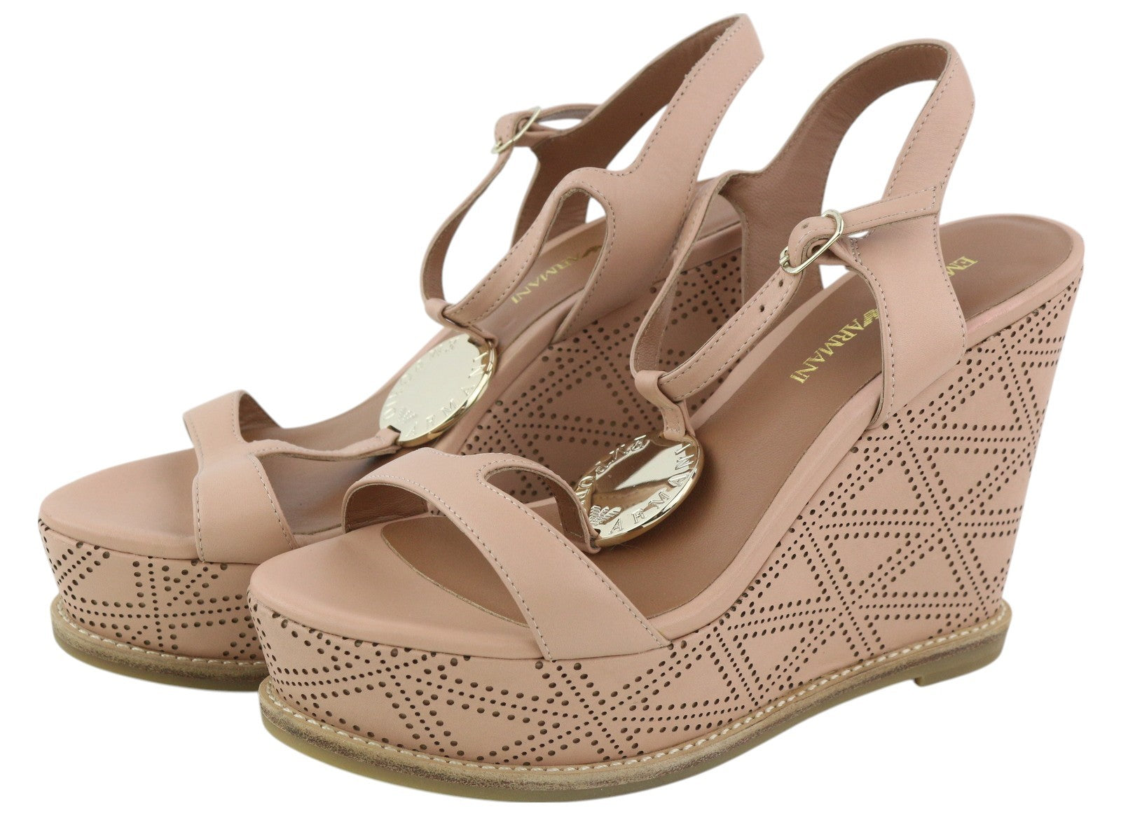 EMPORIO ARMANI X3U067 Women Sandals EU37 Light Pink Leather Wedge Heels RRP€219