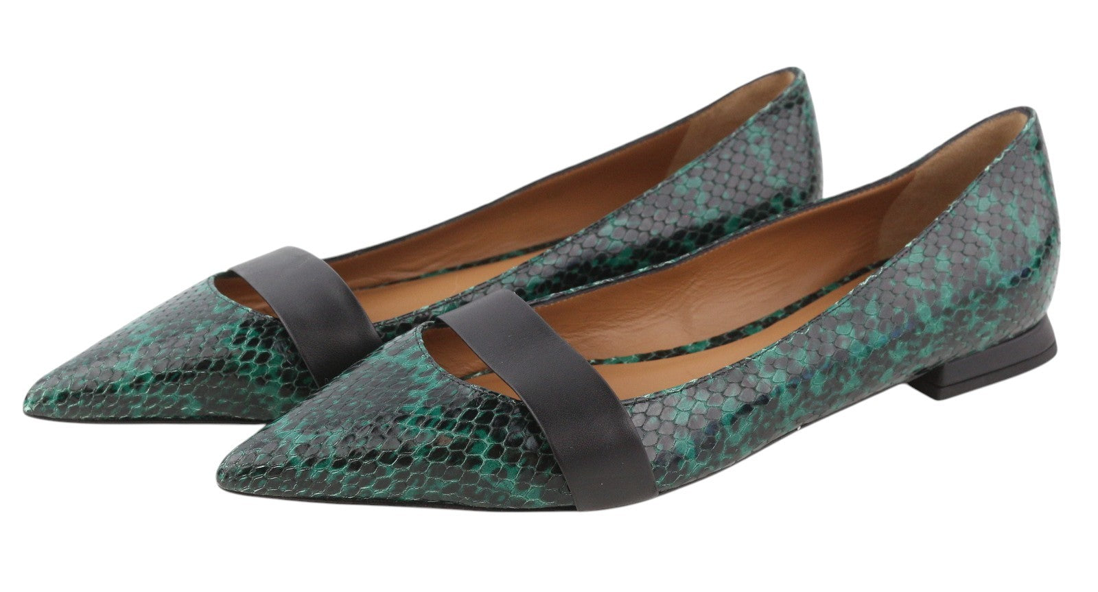 EMPORIO ARMANI Women Flats EU37 Green Snake Print Leather Ballerina Pointed Toe