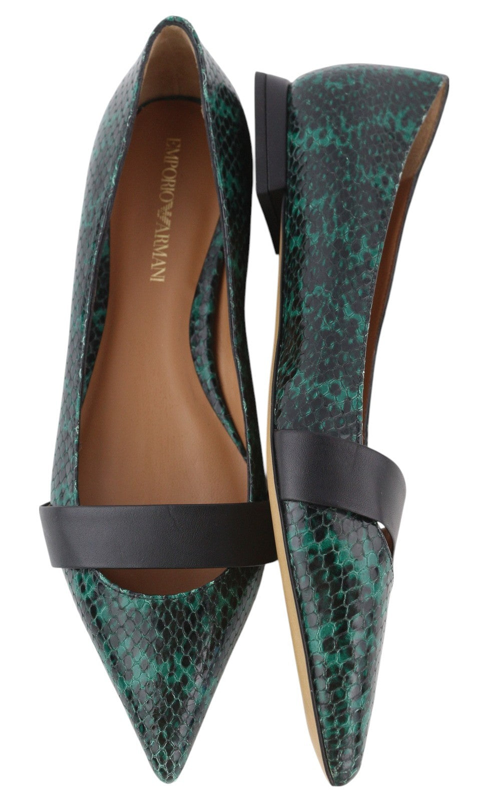 EMPORIO ARMANI Women Flats EU37 Green Snake Print Leather Ballerina Pointed Toe