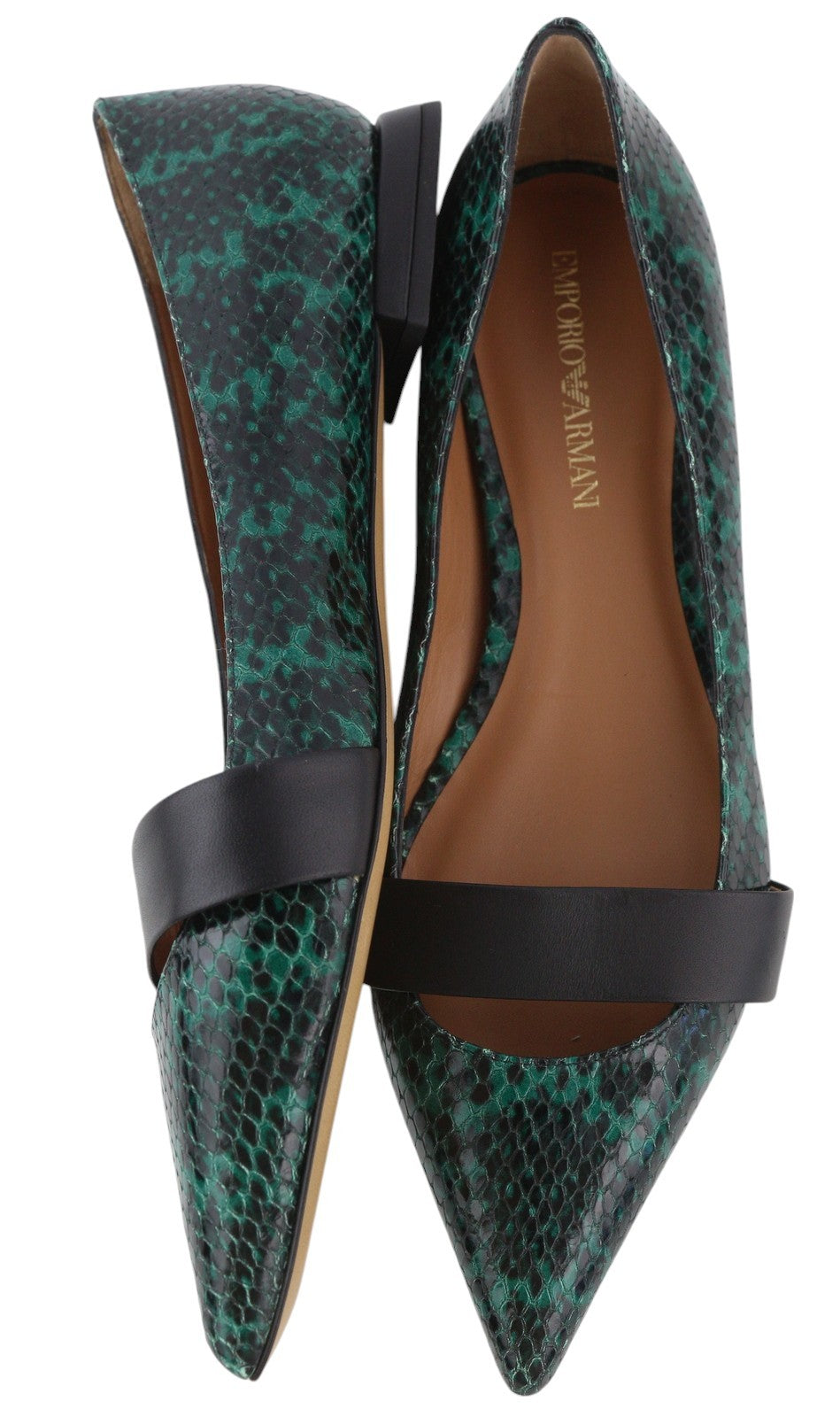 EMPORIO ARMANI Women Flats EU37 Green Snake Print Leather Ballerina Pointed Toe
