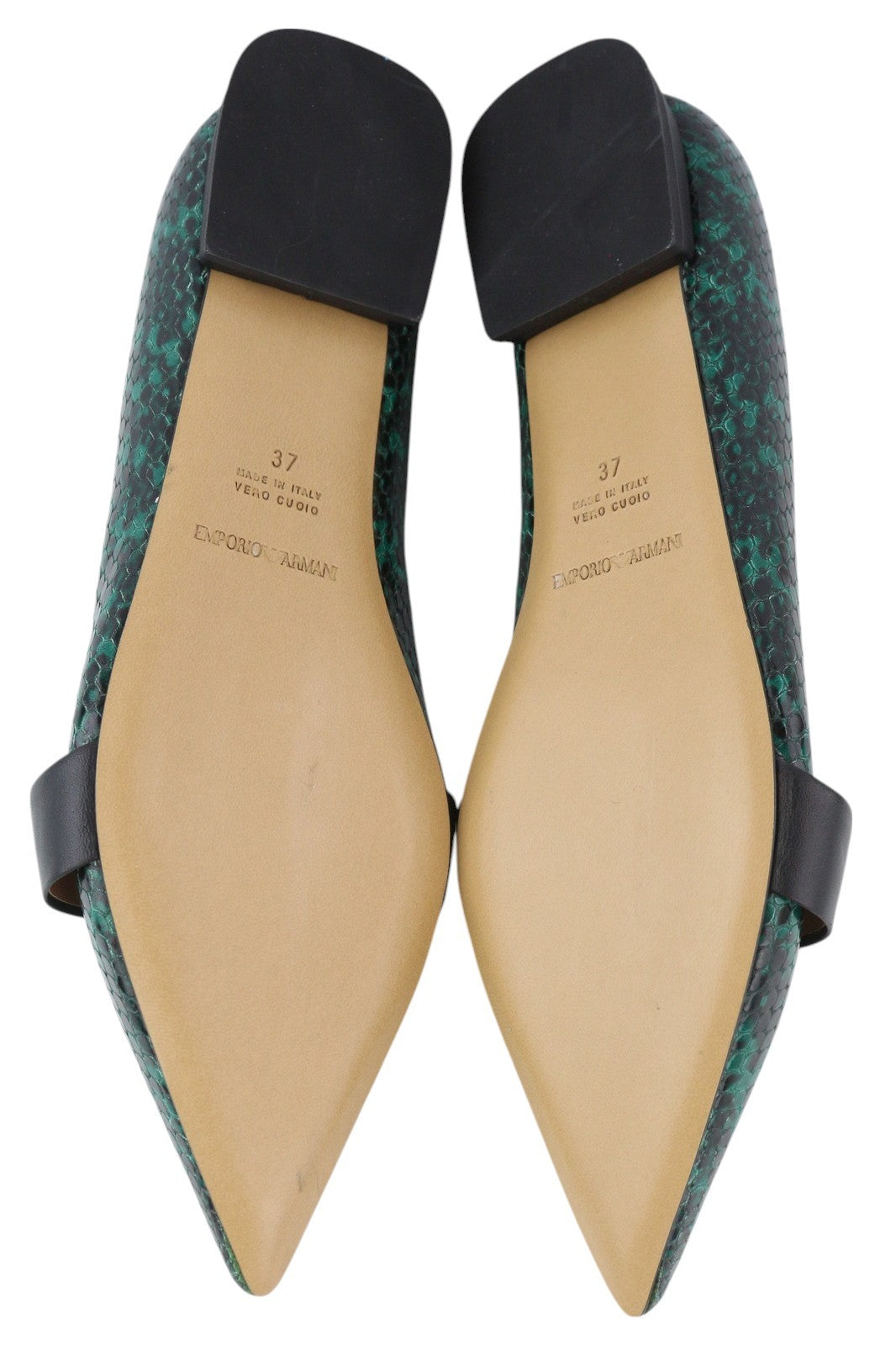 EMPORIO ARMANI Women Flats EU37 Green Snake Print Leather Ballerina Pointed Toe