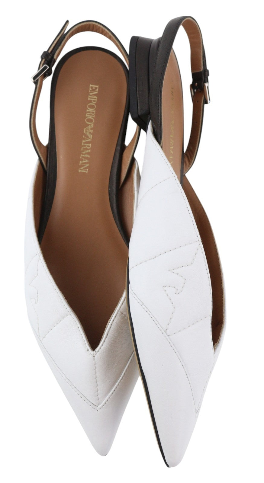 EMPORIO ARMANI X3D247 Women Flats EU37 White Leather Pointed Toe Slip On Logo