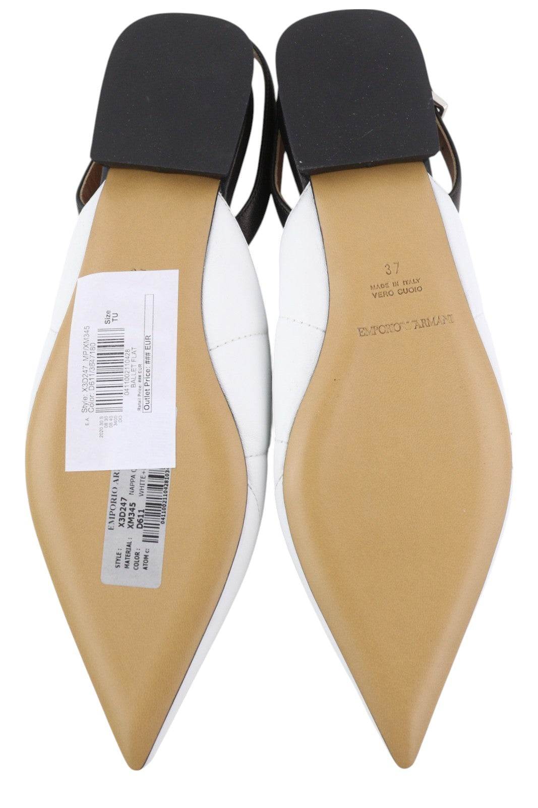 EMPORIO ARMANI X3D247 Women Flats EU37 White Leather Pointed Toe Slip On Logo