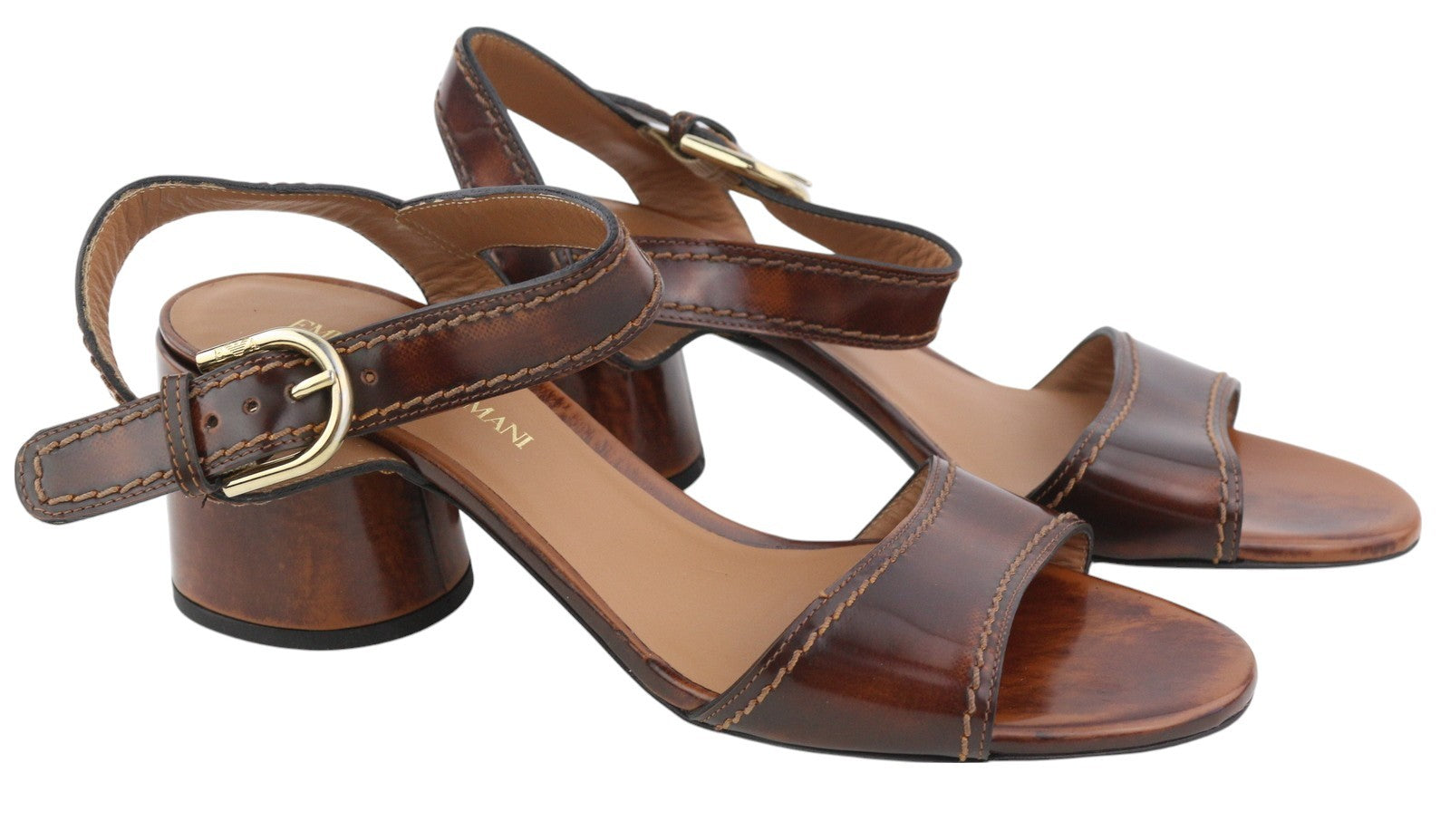 EMPORIO ARMANI Women Heels EU37 Brown Leather Block Heeled Sandals Buckle Casual