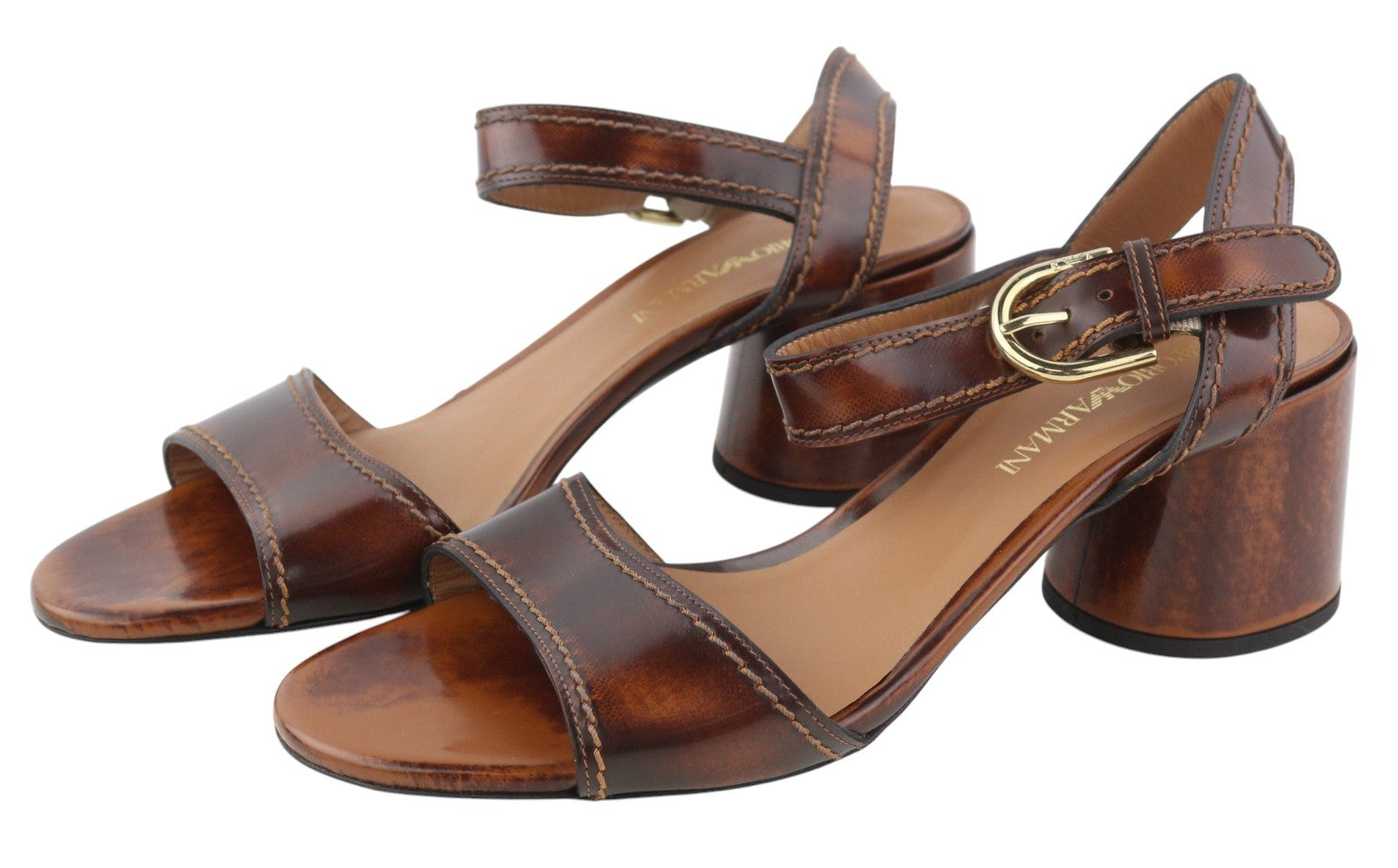 EMPORIO ARMANI Women Heels EU37 Brown Leather Block Heeled Sandals Buckle Casual