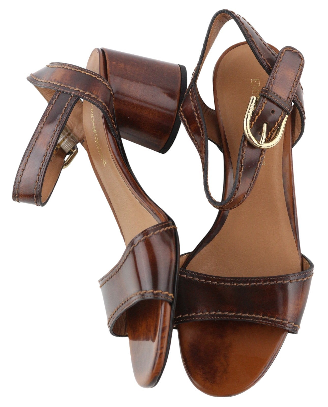 EMPORIO ARMANI Women Heels EU37 Brown Leather Block Heeled Sandals Buckle Casual