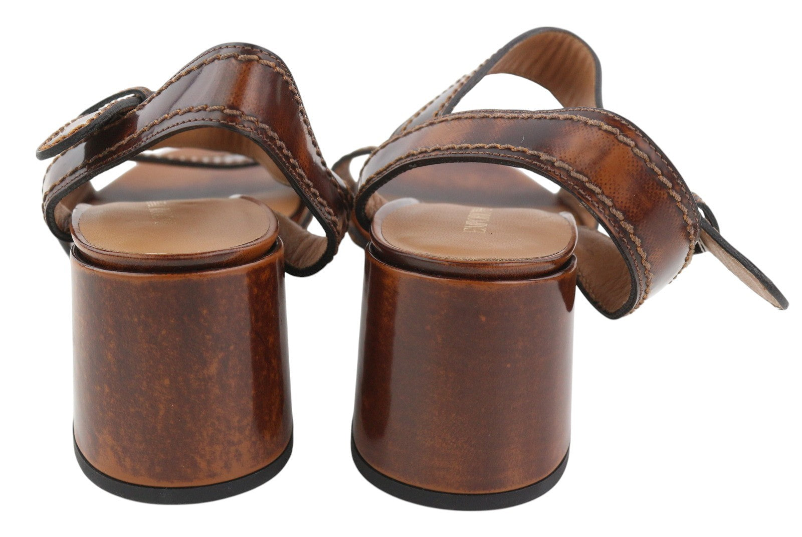 EMPORIO ARMANI Women Heels EU37 Brown Leather Block Heeled Sandals Buckle Casual