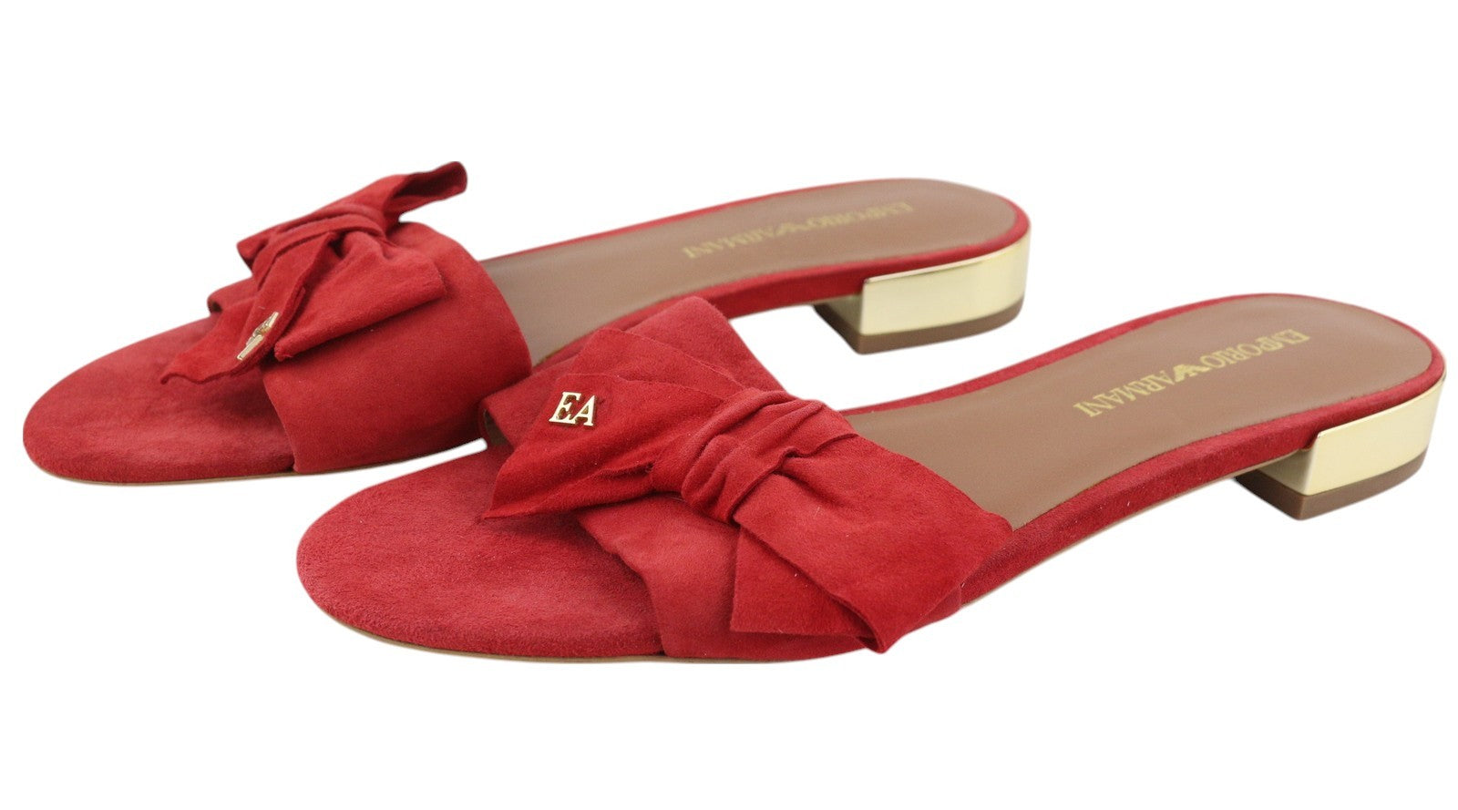 EMPORIO ARMANI X3P702 Women Flats EU37 Red Suede Leather Bow Detail Gold Tone