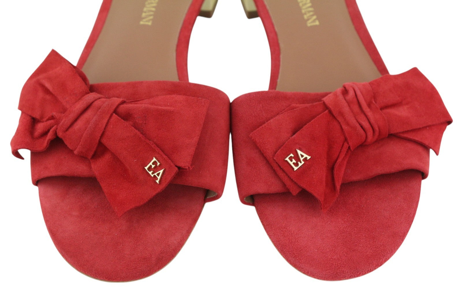 EMPORIO ARMANI X3P702 Women Flats EU37 Red Suede Leather Bow Detail Gold Tone