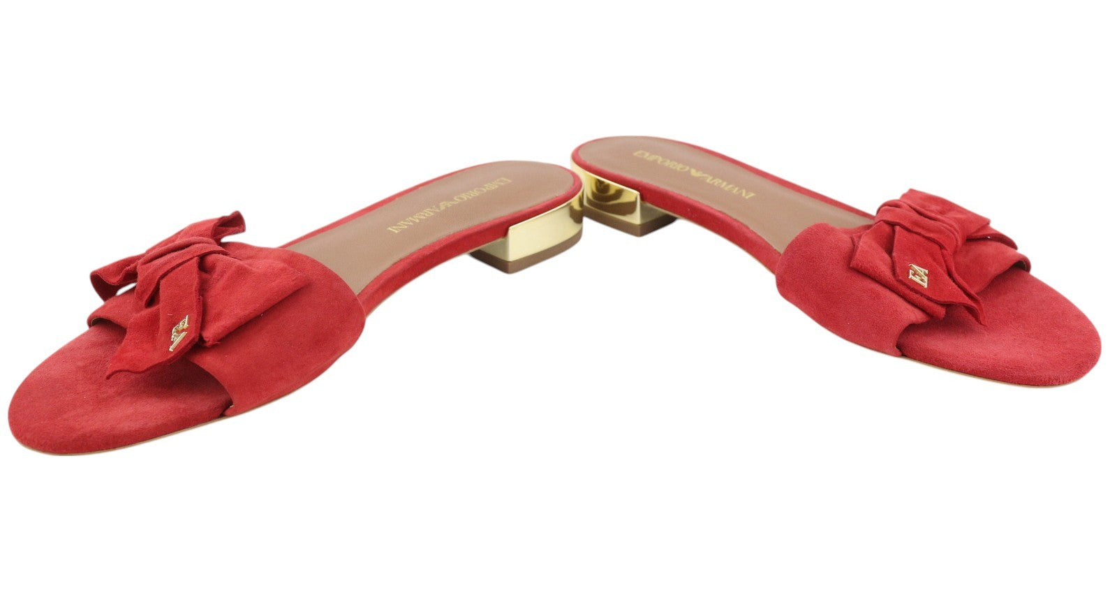 EMPORIO ARMANI X3P702 Women Flats EU37 Red Suede Leather Bow Detail Gold Tone