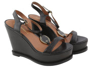 EMPORIO ARMANI Women Sandals EU37 Black Leather Wedge Platform Heels Logo Casual