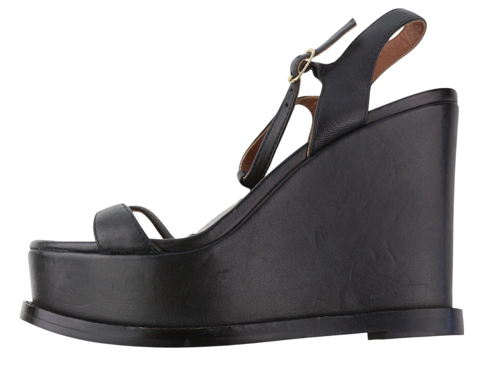 EMPORIO ARMANI Women Sandals EU37 Black Leather Wedge Platform Heels Logo Casual