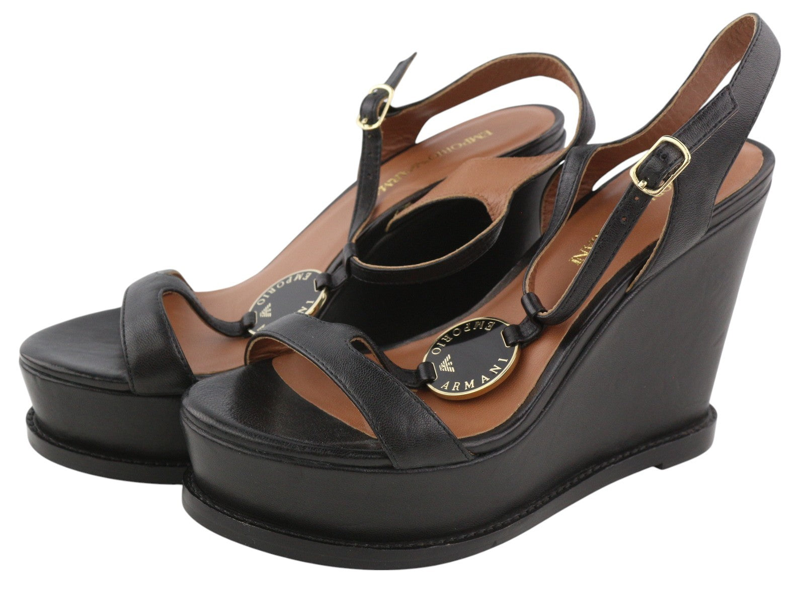 EMPORIO ARMANI Women Sandals EU37 Black Leather Wedge Platform Heels Logo Casual