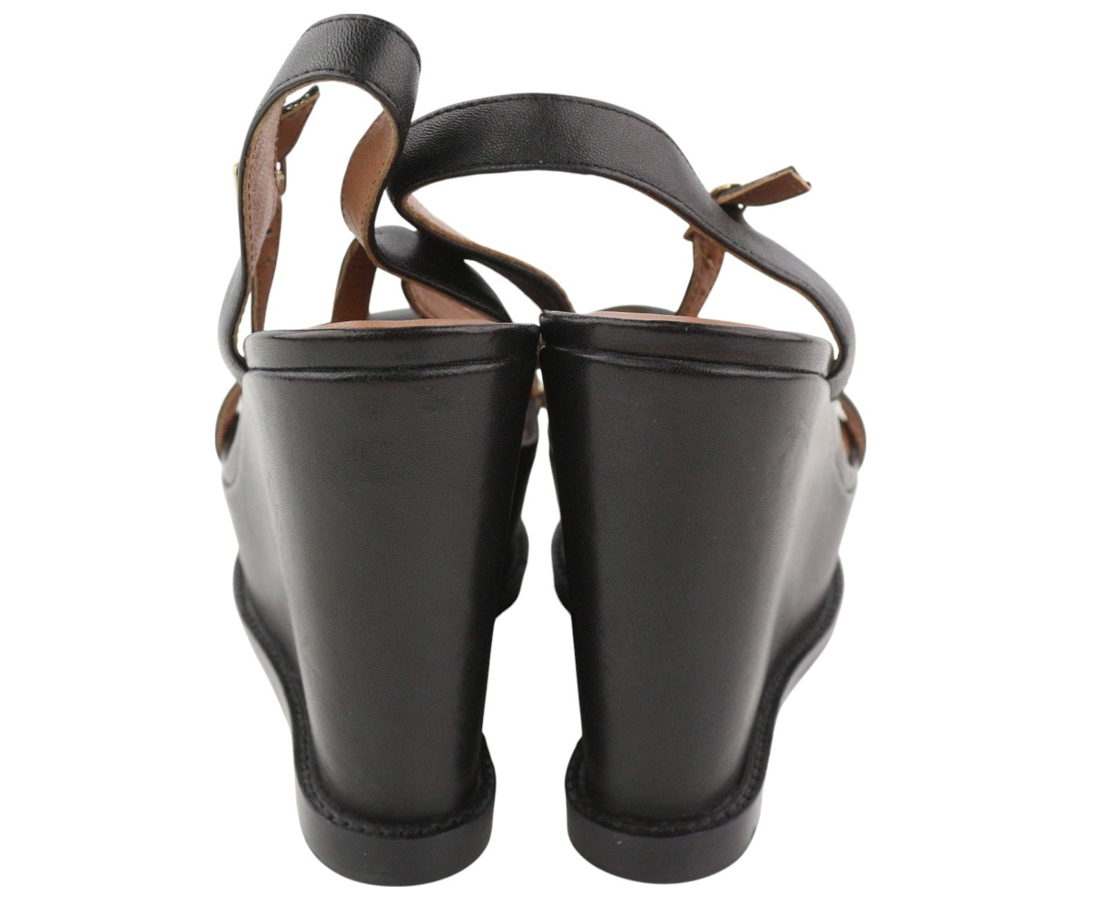 EMPORIO ARMANI Women Sandals EU37 Black Leather Wedge Platform Heels Logo Casual