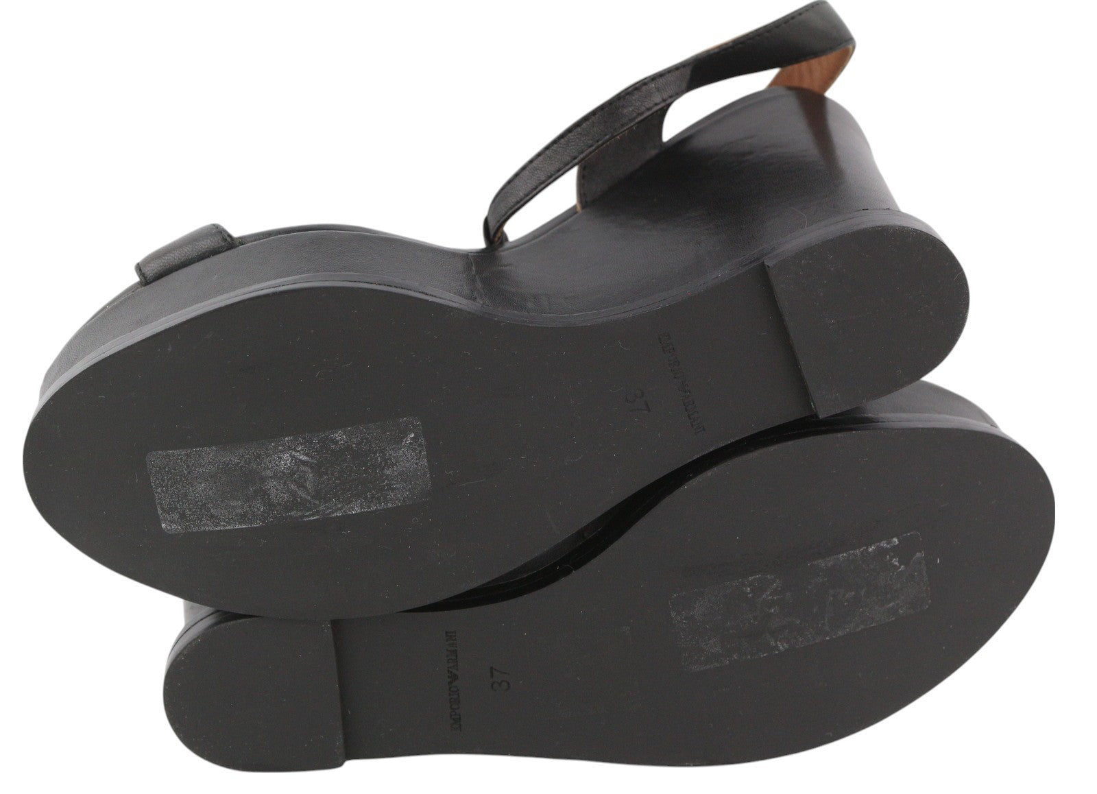 EMPORIO ARMANI Women Sandals EU37 Black Leather Wedge Platform Heels Logo Casual