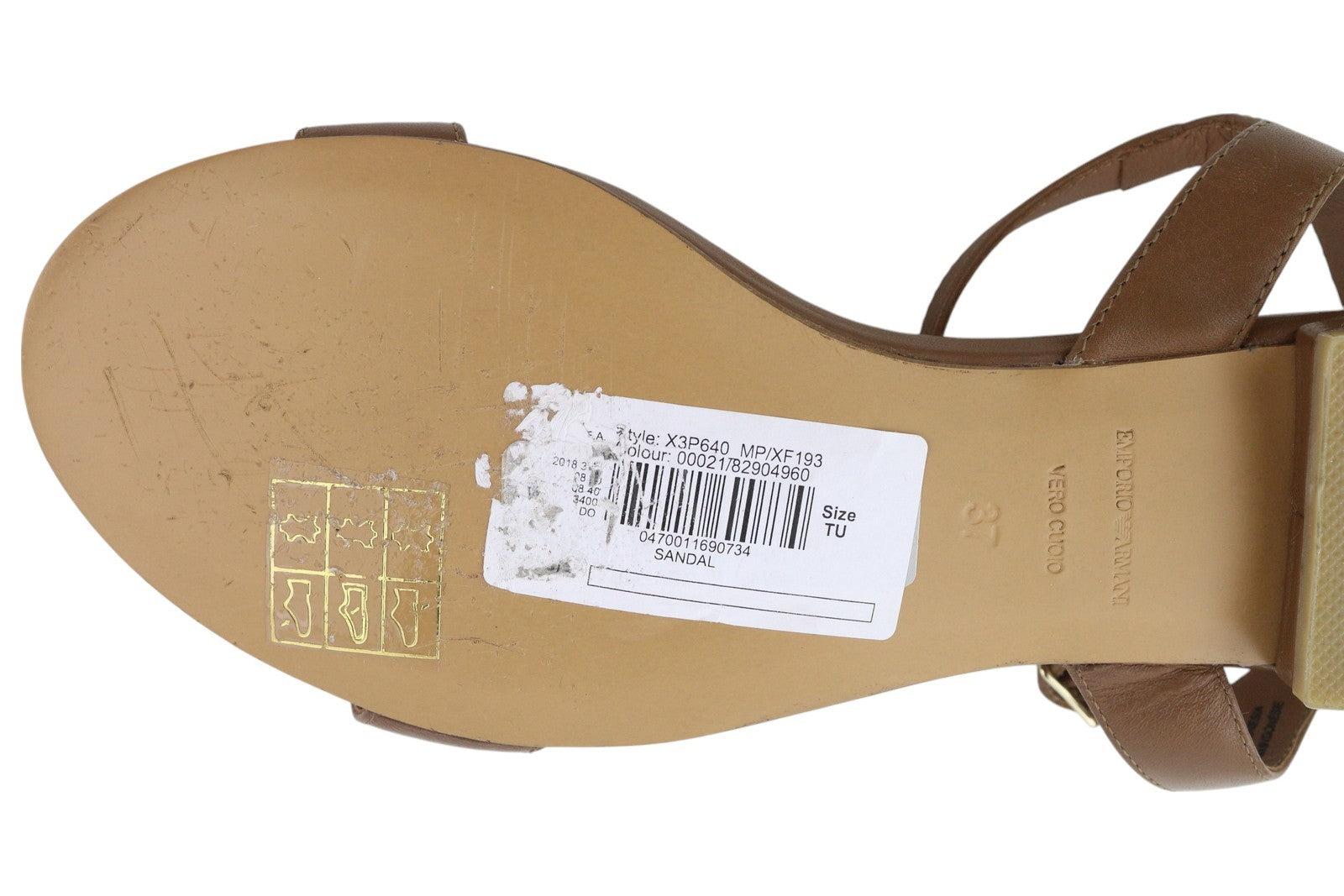 EMPORIO ARMANI X3P640 Women Sandals EU37 Brown Leather Flats Gold Logo RRP€209