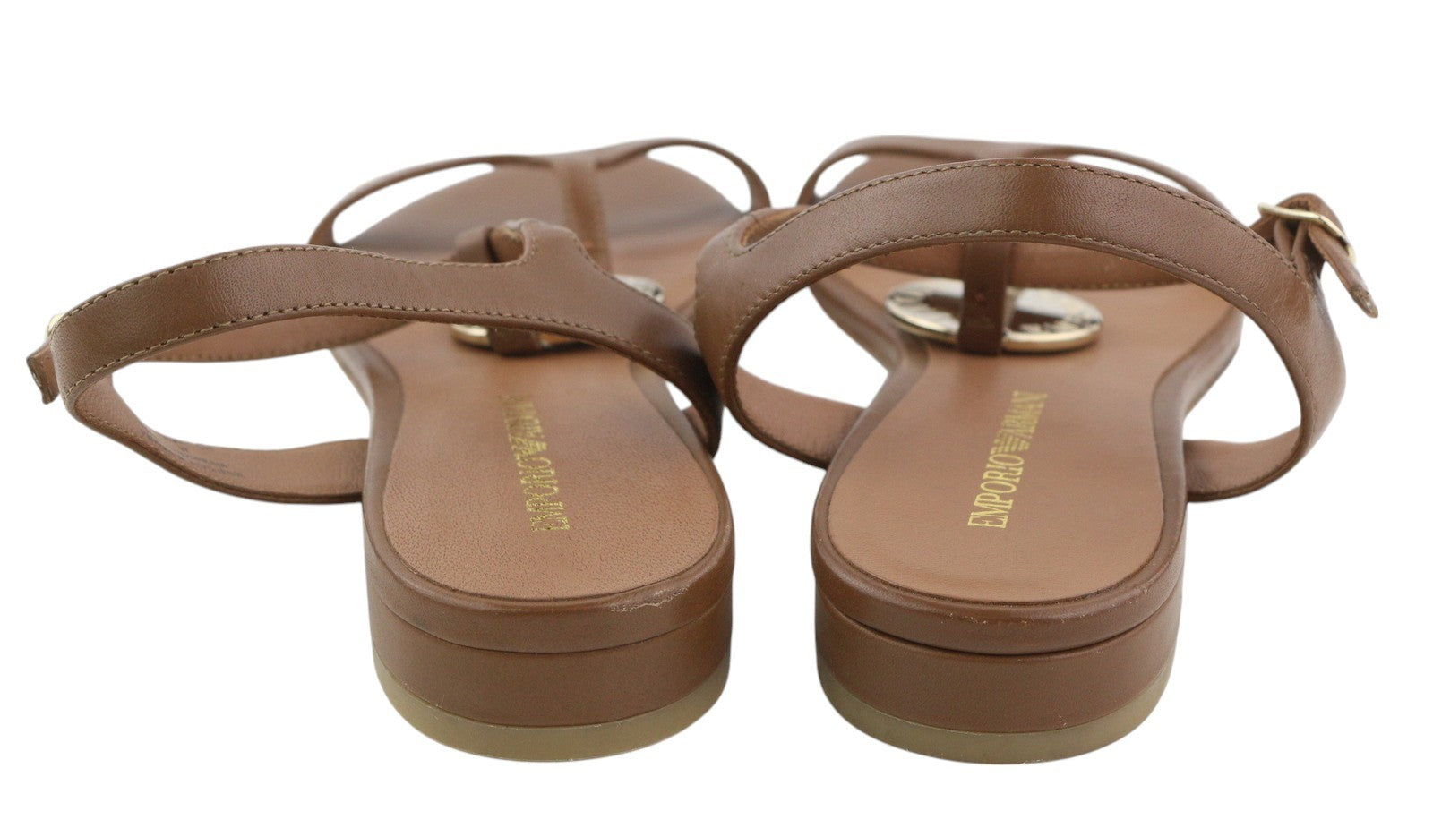 EMPORIO ARMANI X3P640 Women Sandals EU37 Brown Leather Flats Gold Logo RRP€209
