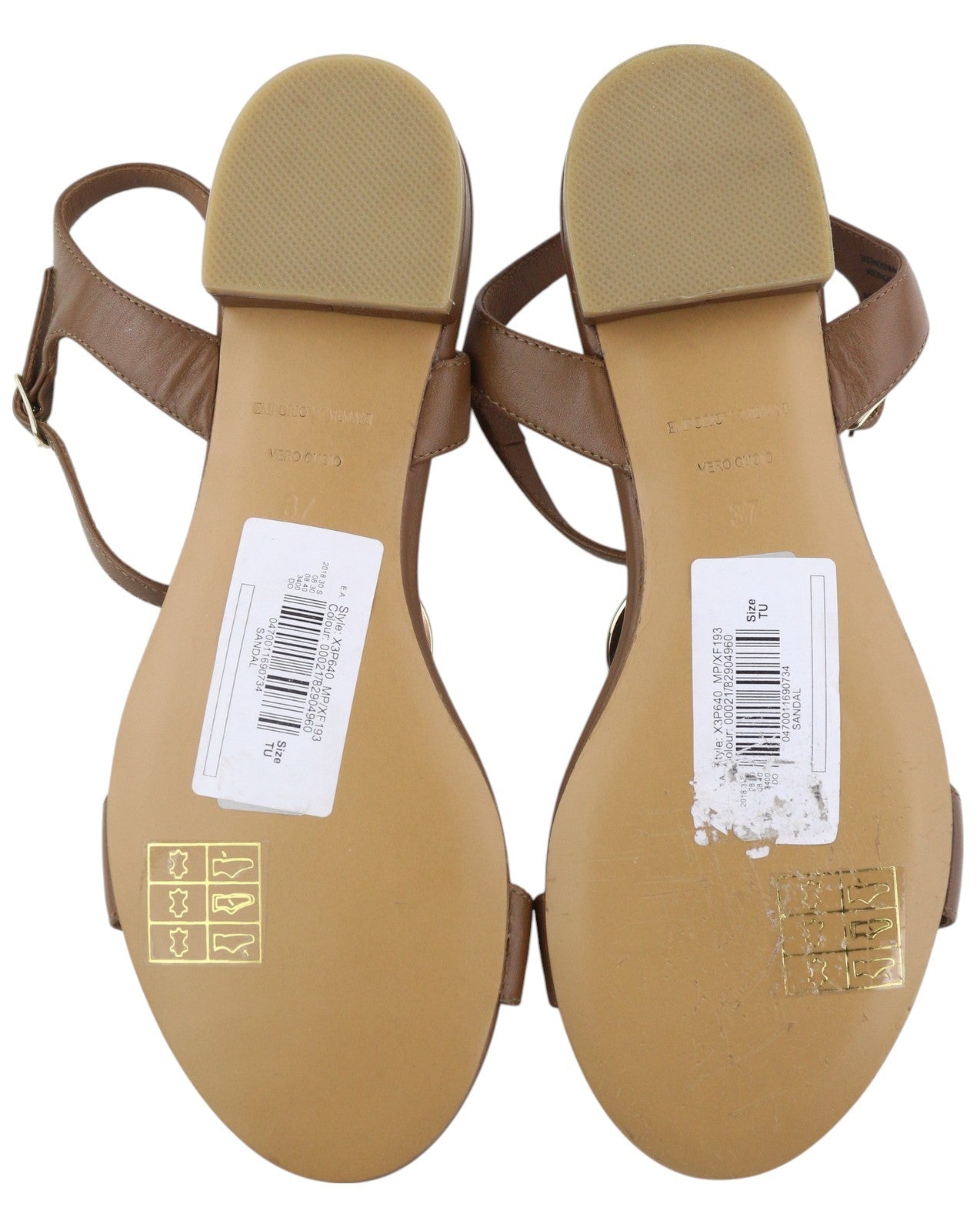 EMPORIO ARMANI X3P640 Women Sandals EU37 Brown Leather Flats Gold Logo RRP€209