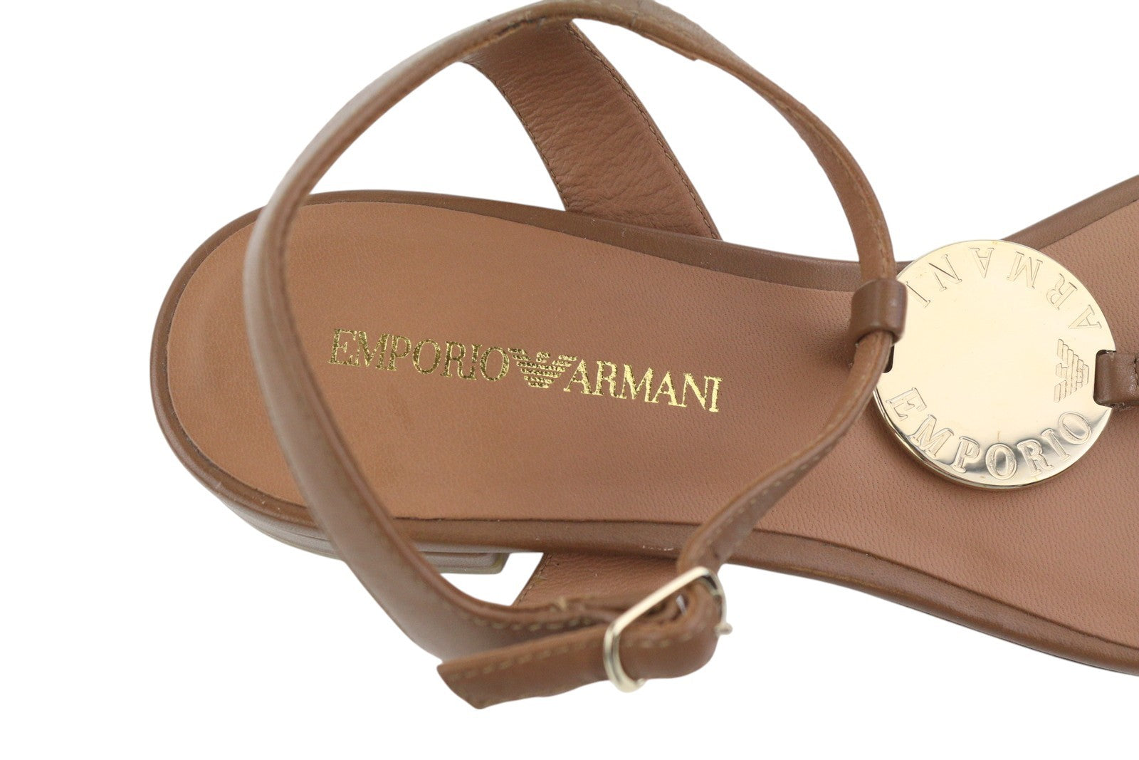 EMPORIO ARMANI X3P640 Women Sandals EU37 Brown Leather Flats Gold Logo RRP€209