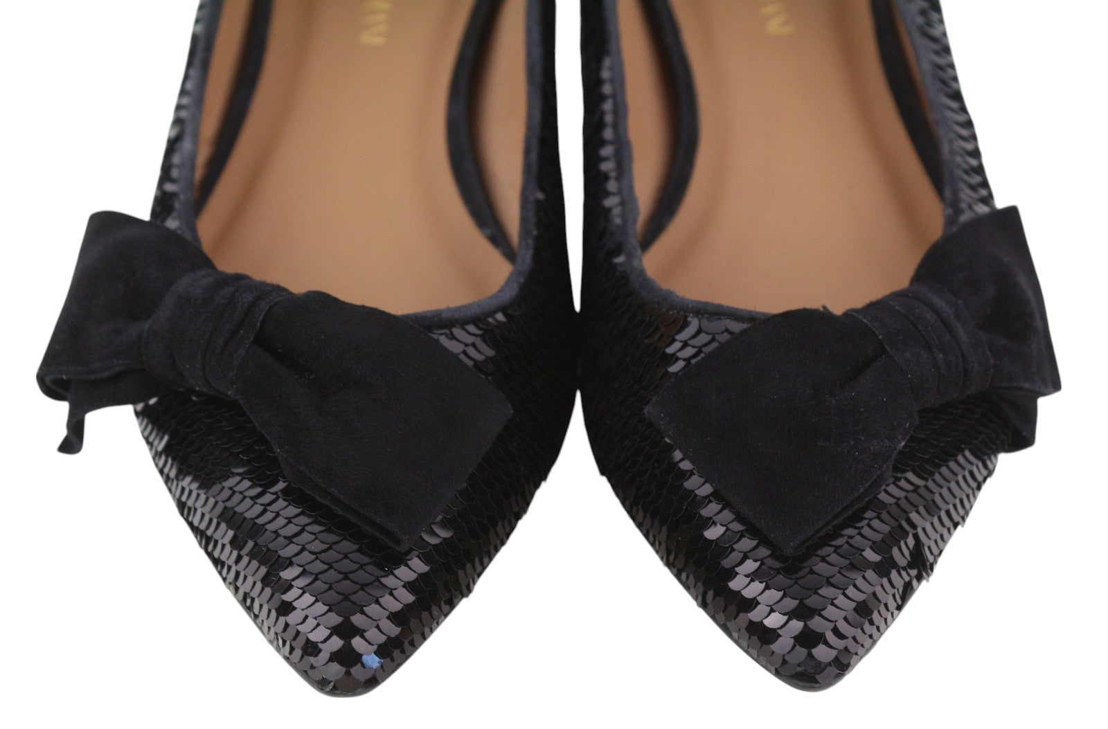 EMPORIO ARMANI X3D230 Women Flats EU37 Black Shiny Sequin Pointed Toe Ballerina