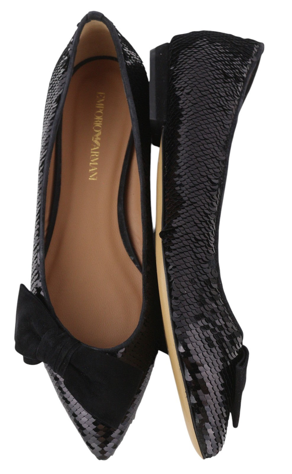 EMPORIO ARMANI X3D230 Women Flats EU37 Black Shiny Sequin Pointed Toe Ballerina