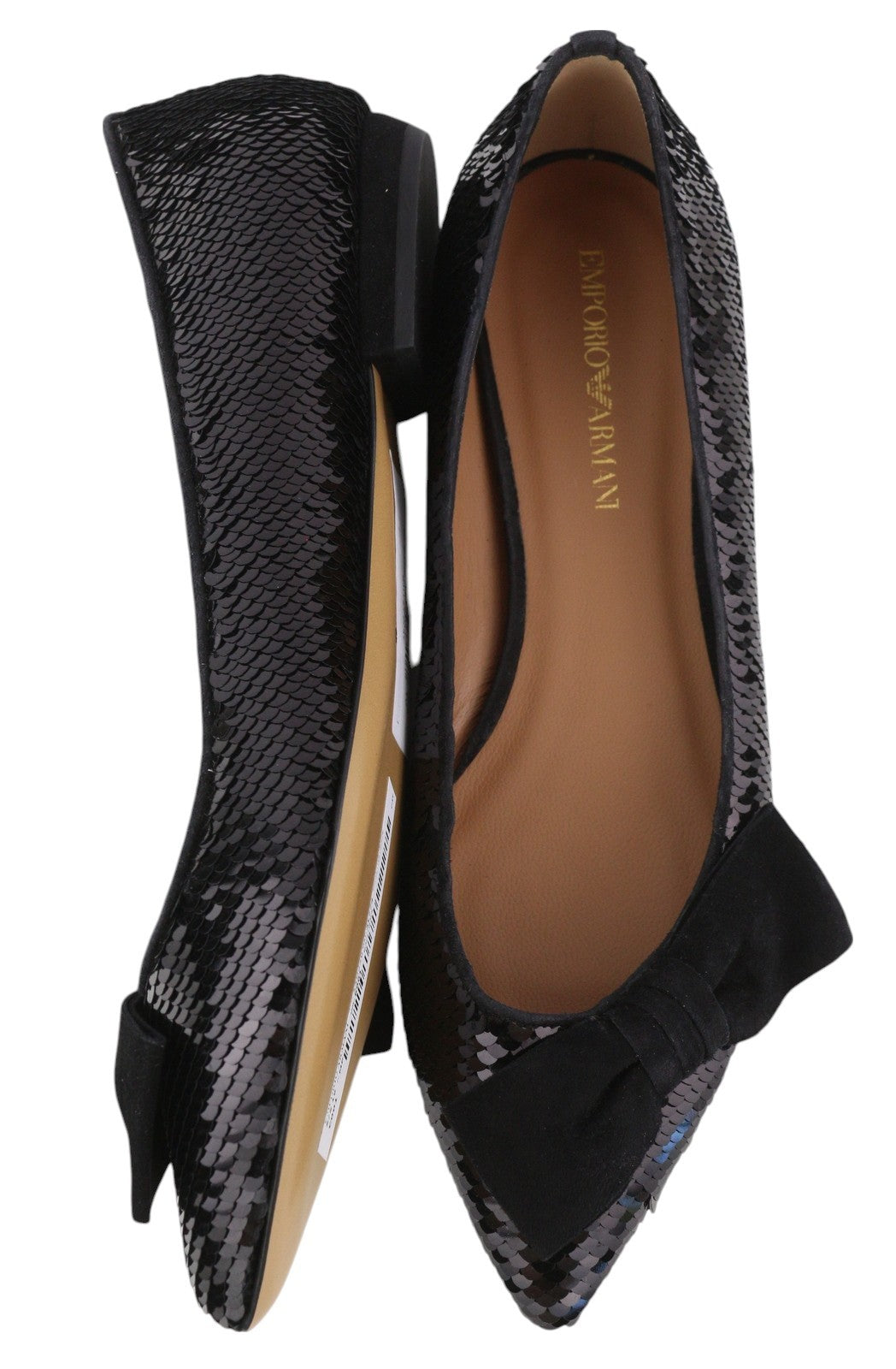 EMPORIO ARMANI X3D230 Women Flats EU37 Black Shiny Sequin Pointed Toe Ballerina