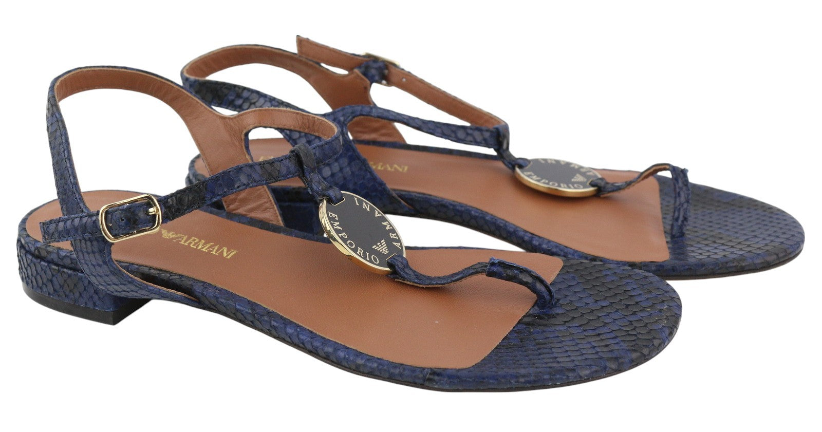 EMPORIO ARMANI X3Q065 Women Sandals EU37 Blue Leather Flats Logo Print RRP€212