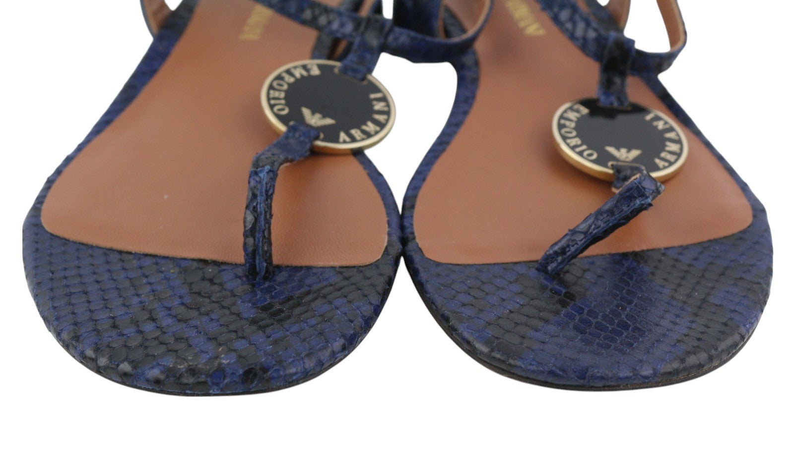 EMPORIO ARMANI X3Q065 Women Sandals EU37 Blue Leather Flats Logo Print RRP€212