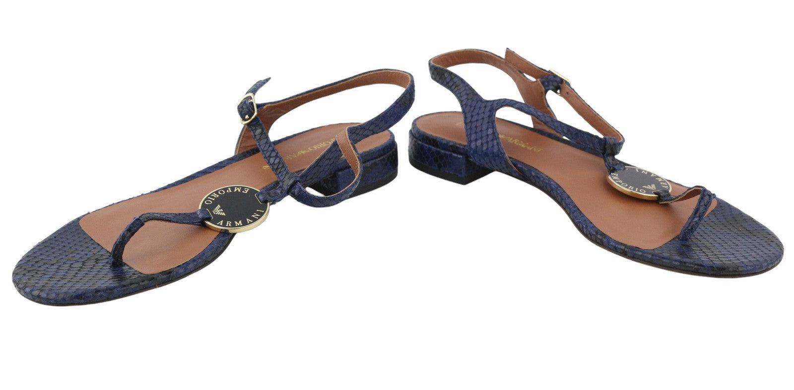 EMPORIO ARMANI X3Q065 Women Sandals EU37 Blue Leather Flats Logo Print RRP€212