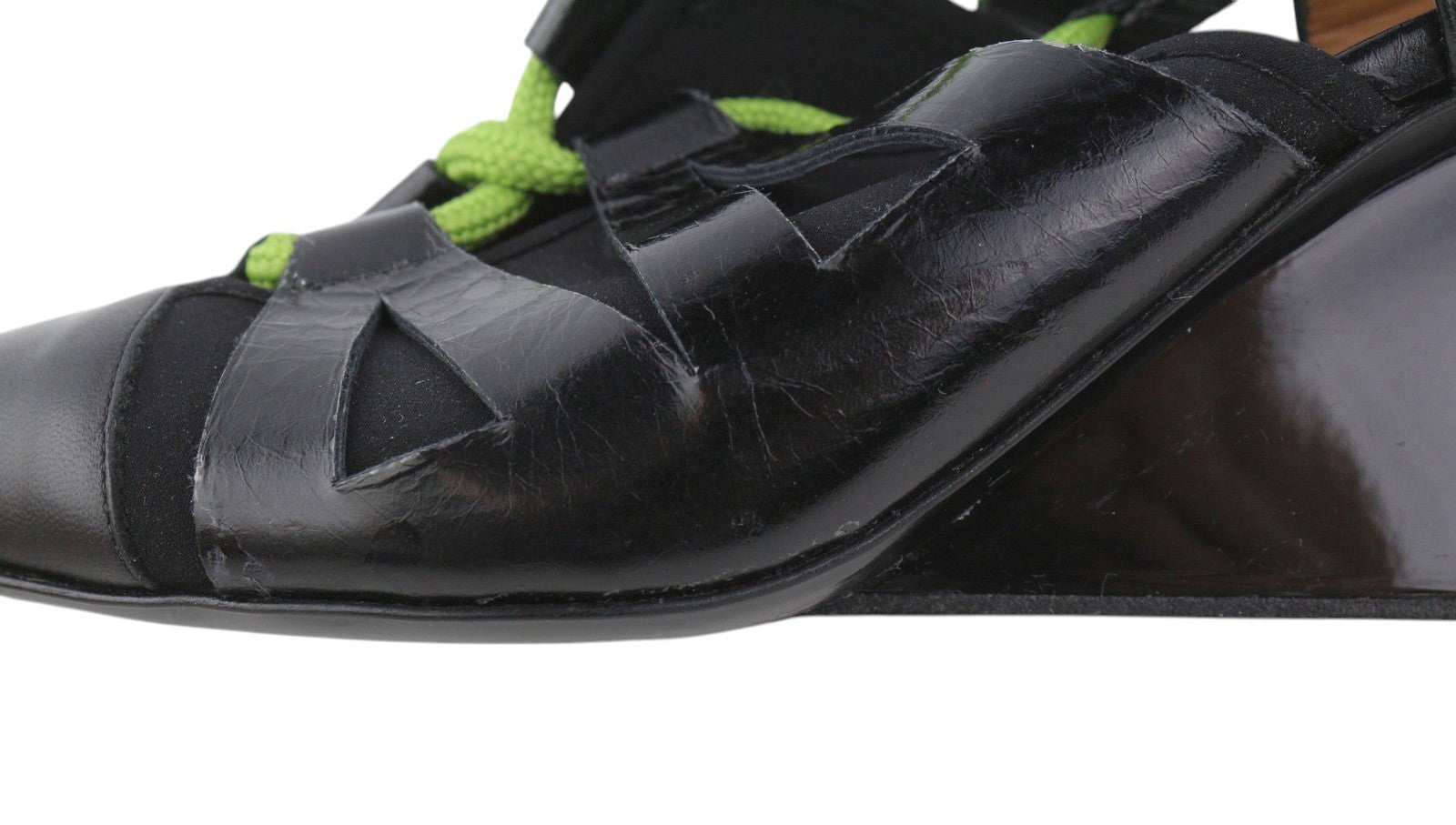 EMPORIO ARMANI Women Heels EU37 Black Leather Pointed Toe Green Drawstrings