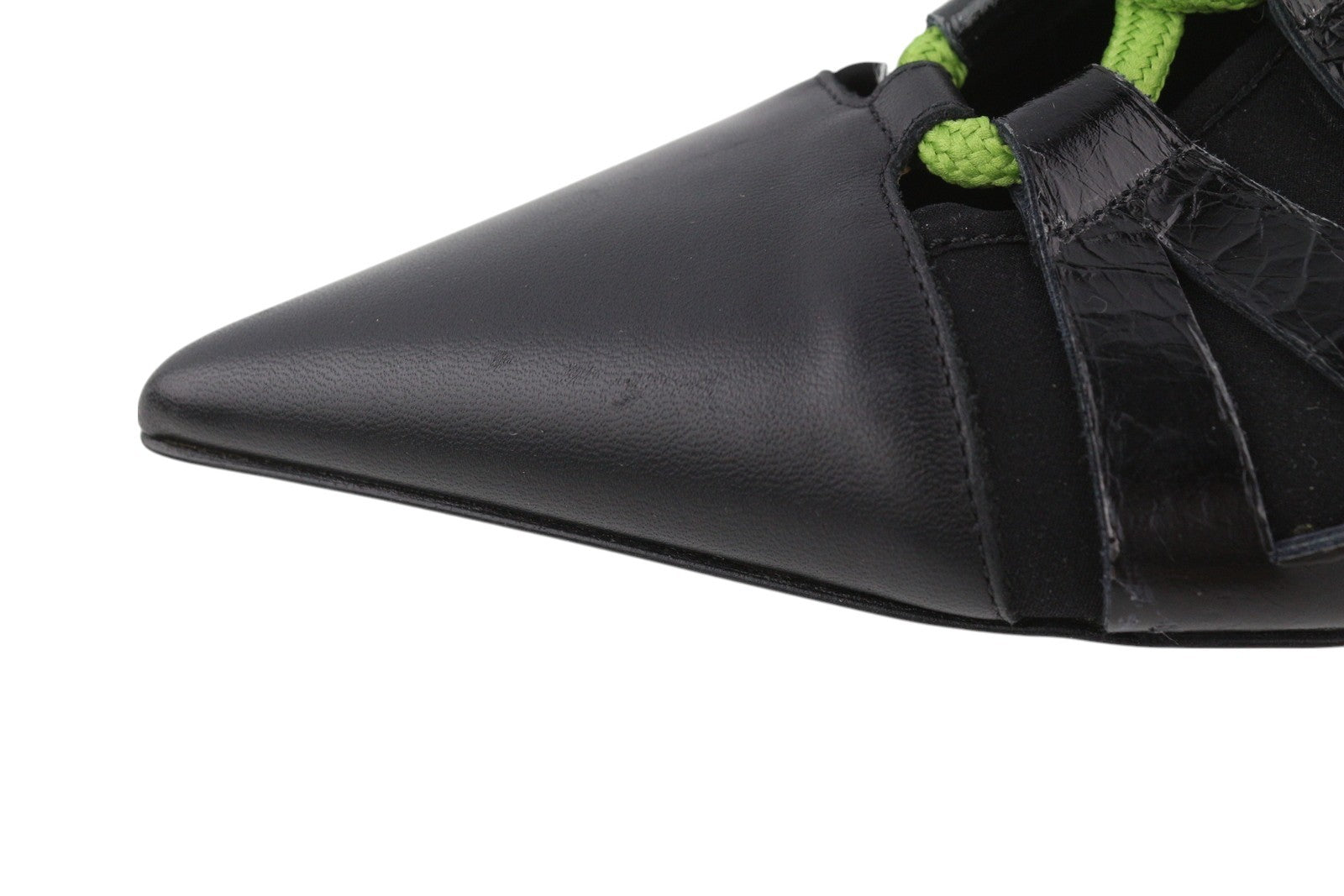 EMPORIO ARMANI Women Heels EU37 Black Leather Pointed Toe Green Drawstrings