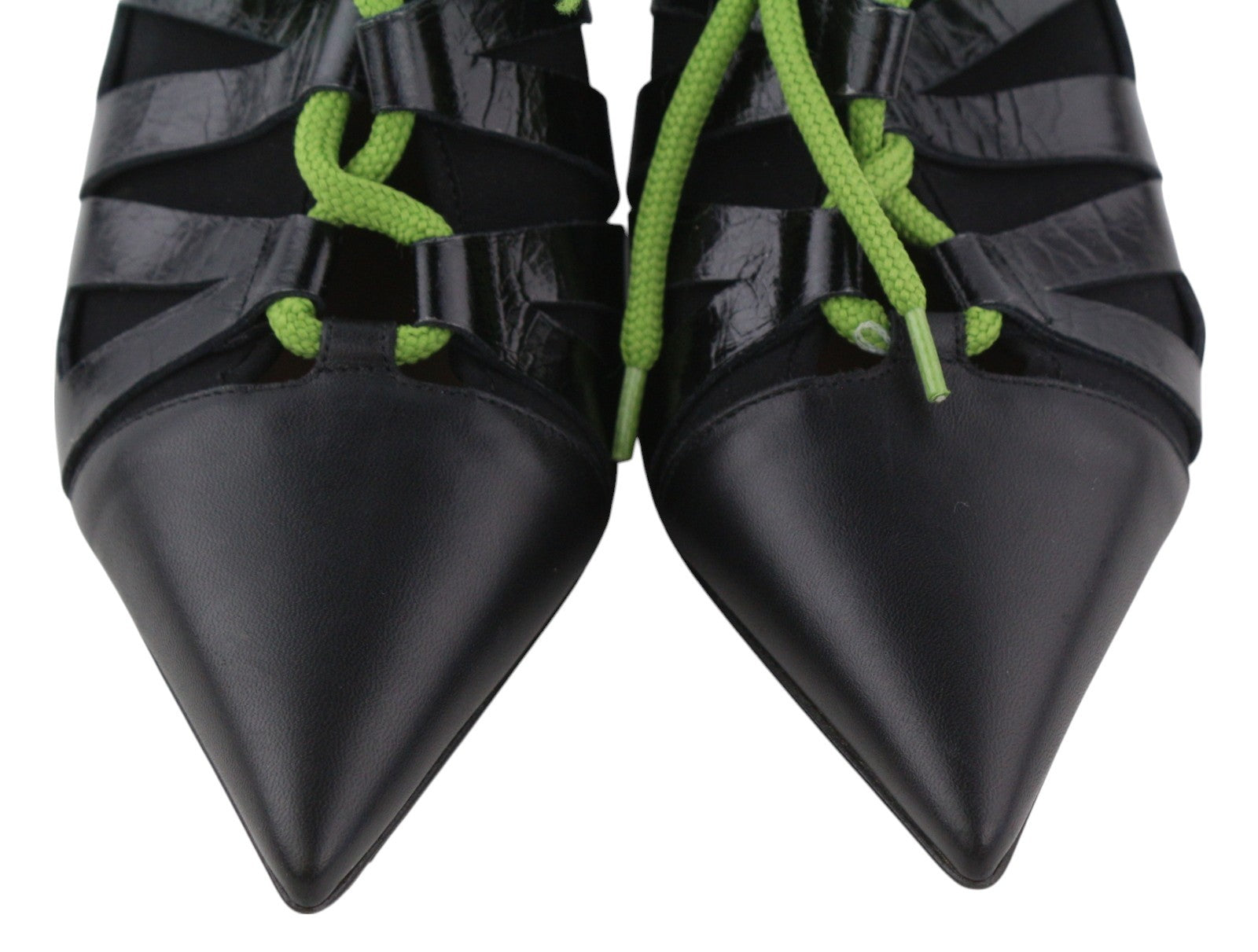 EMPORIO ARMANI Women Heels EU37 Black Leather Pointed Toe Green Drawstrings