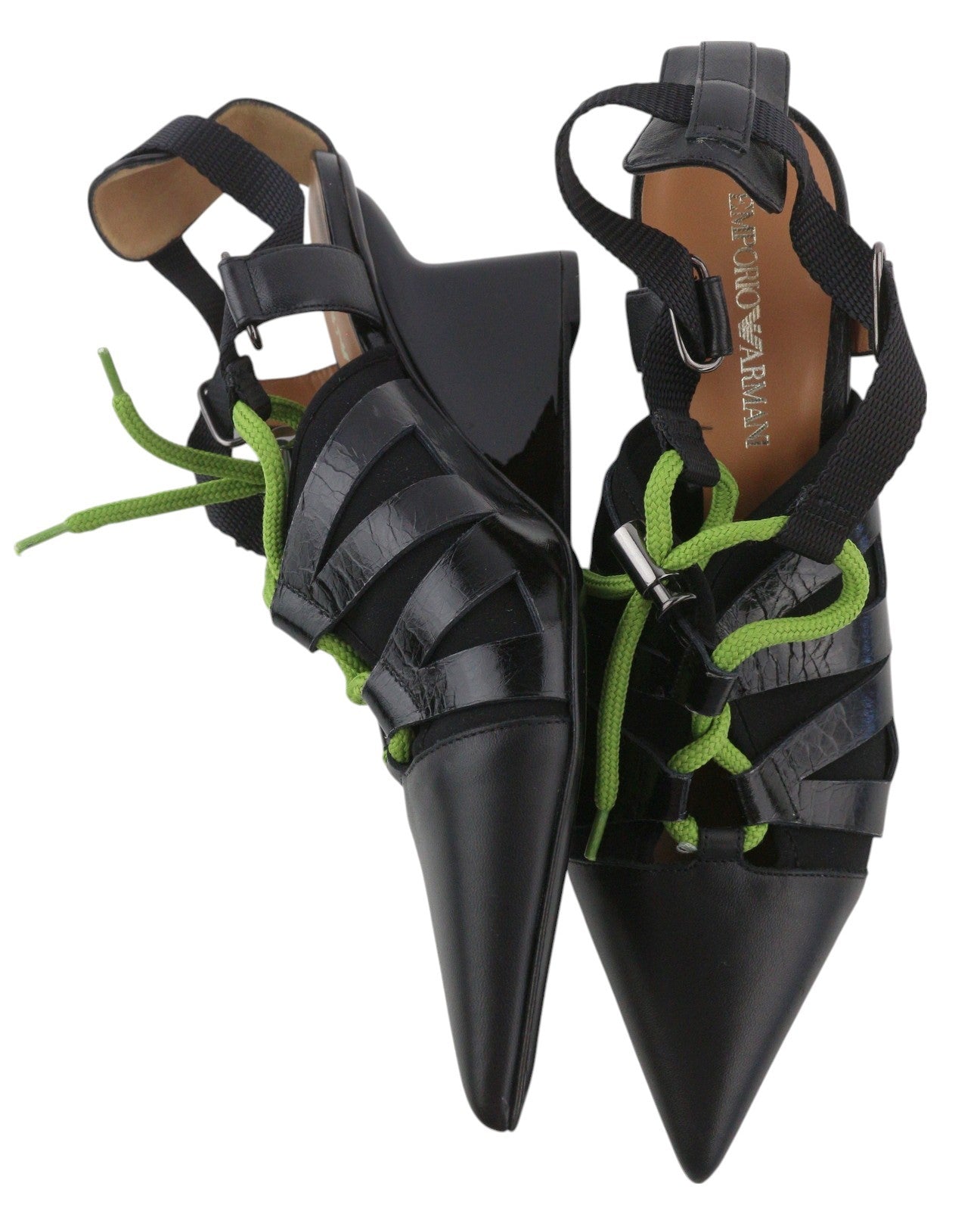 EMPORIO ARMANI Women Heels EU37 Black Leather Pointed Toe Green Drawstrings