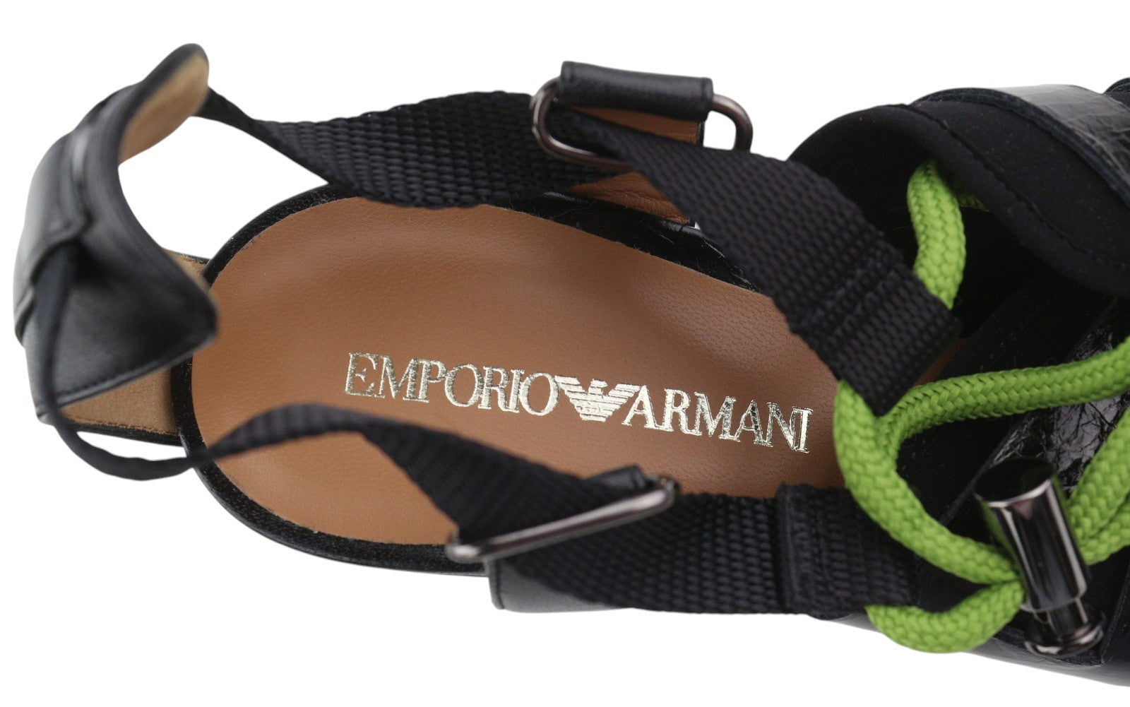 EMPORIO ARMANI Women Heels EU37 Black Leather Pointed Toe Green Drawstrings
