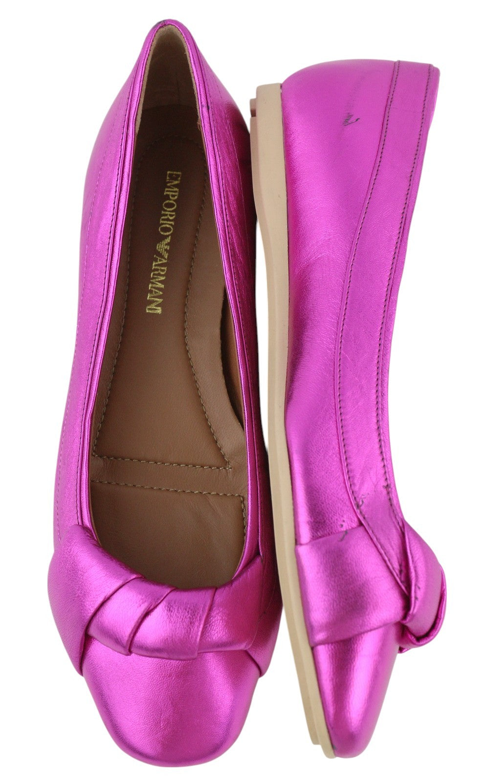 EMPORIO ARMANI X3D241 Women Flats EU37 Shiny Pink Leather Square Toe Ballerina