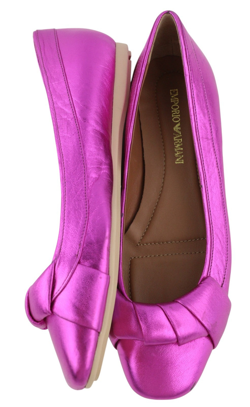 EMPORIO ARMANI X3D241 Women Flats EU37 Shiny Pink Leather Square Toe Ballerina
