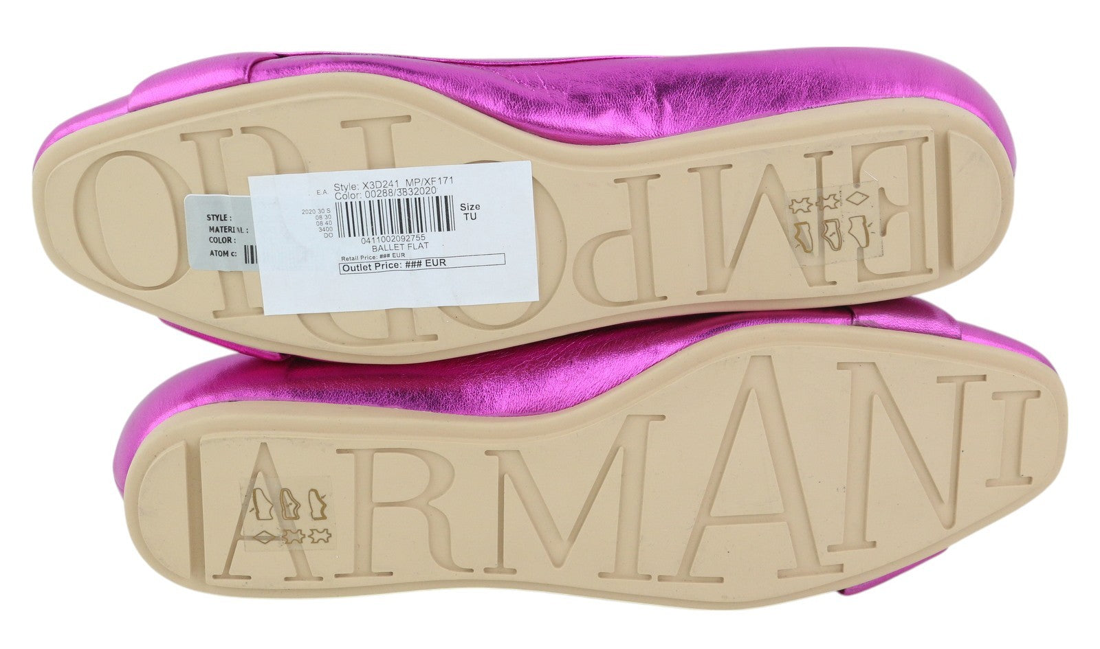 EMPORIO ARMANI X3D241 Women Flats EU37 Shiny Pink Leather Square Toe Ballerina